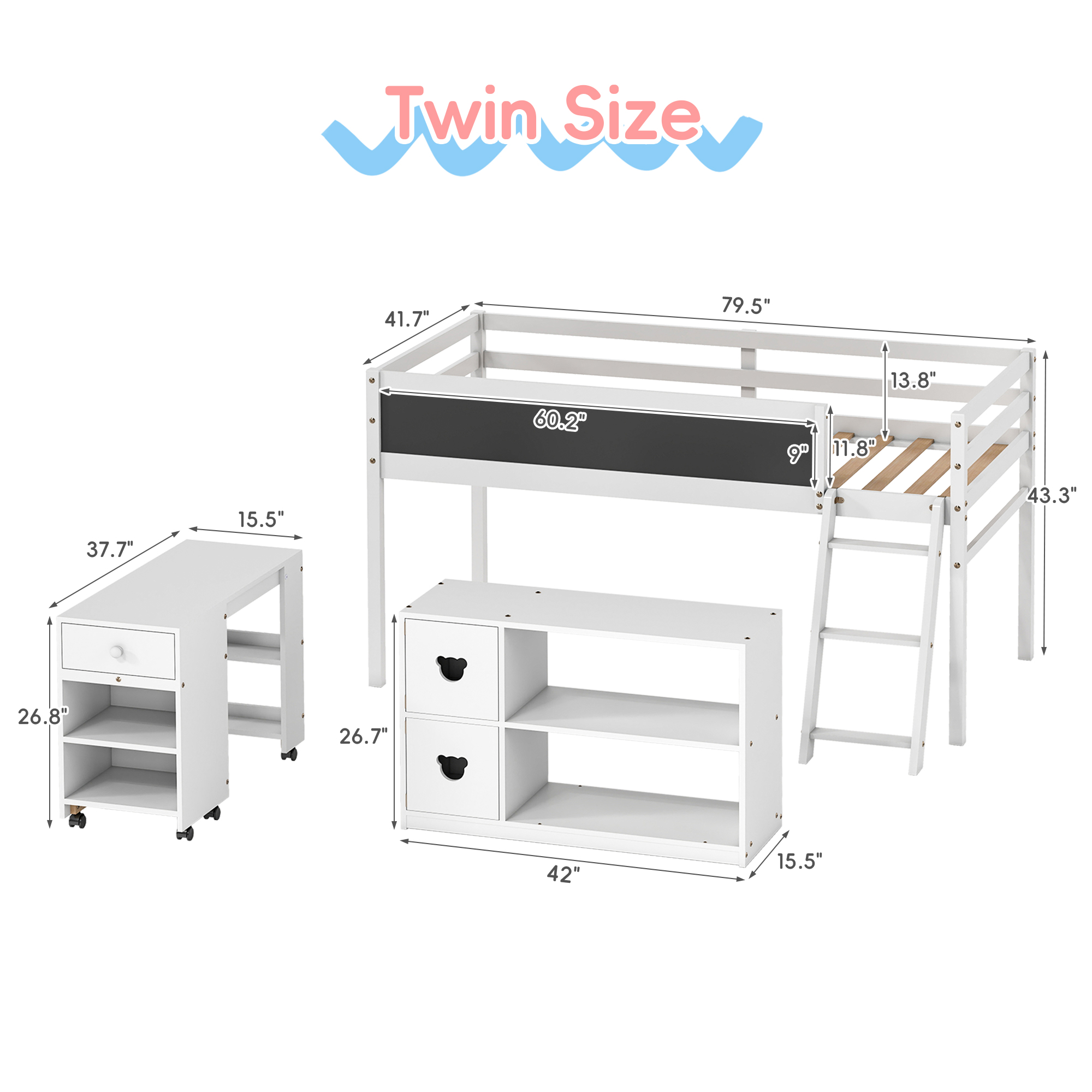 Joywind Wood Twin Size Low Loft Bed with Storage and Desk for Kids Teens, White