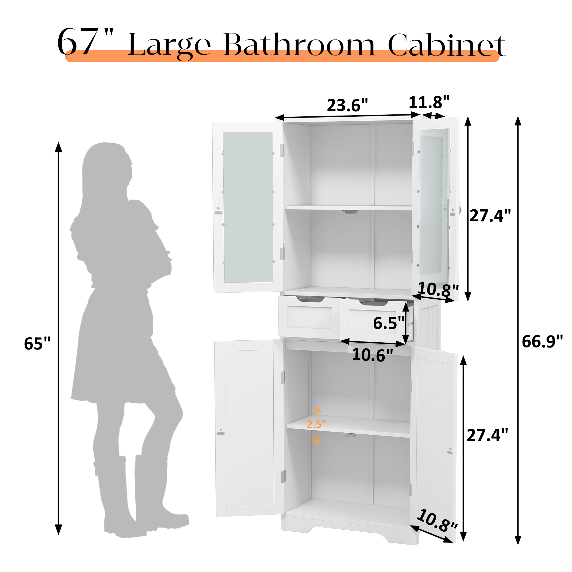 Joywind Freestanding Bathroom Storage Cabinet with Glass Doors - 67" Tall Linen Organizer with 2 Drawers & Adjustable Shelves, for Bathroom, Kitchen, Living Room, Office Storage