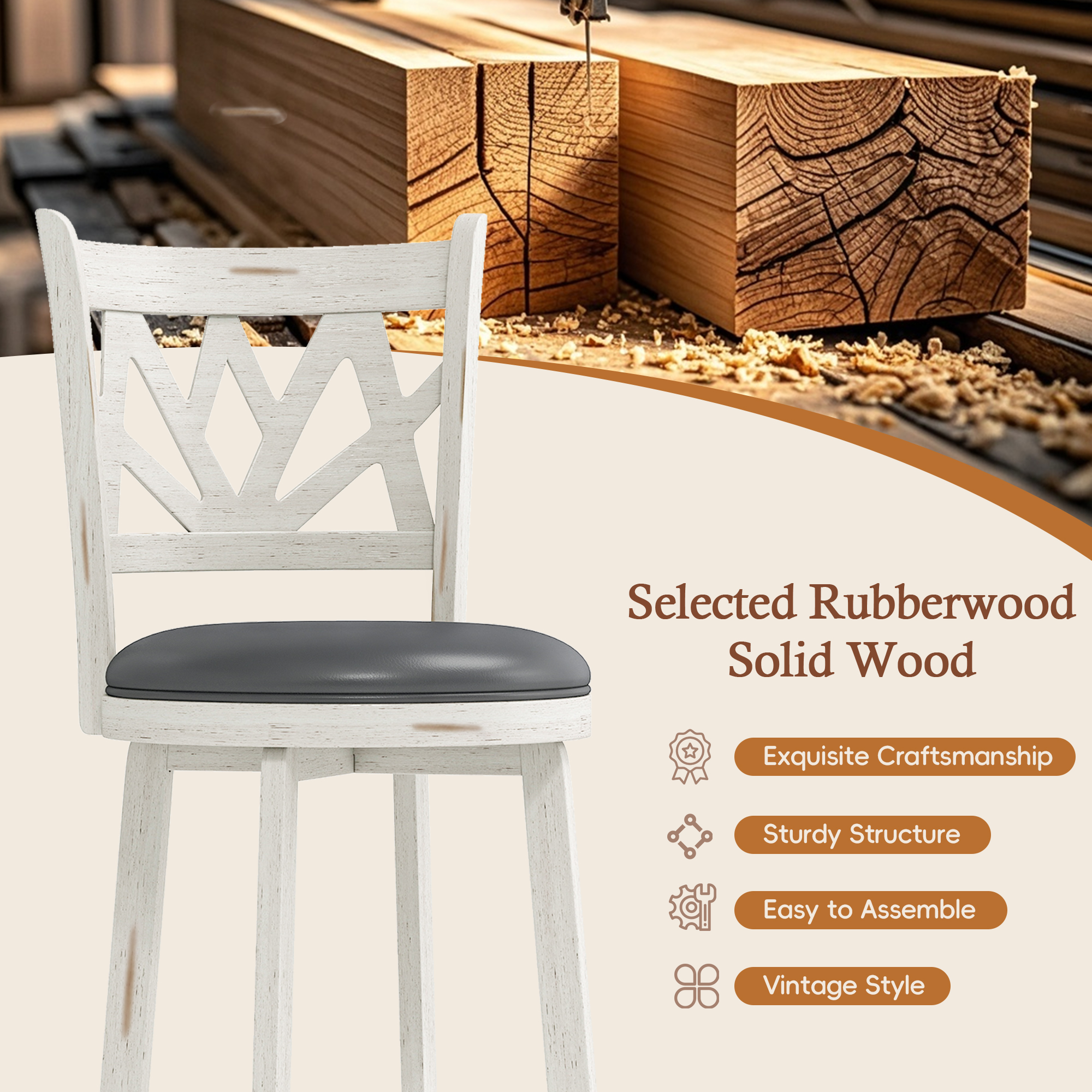 Joywind Farmhouse Swivel Bar Stools Set of 2, 30" Carved Lotus Barstools, Faux Leather Upholstered Bar Chairs with Solid Footrest & Wood Legs