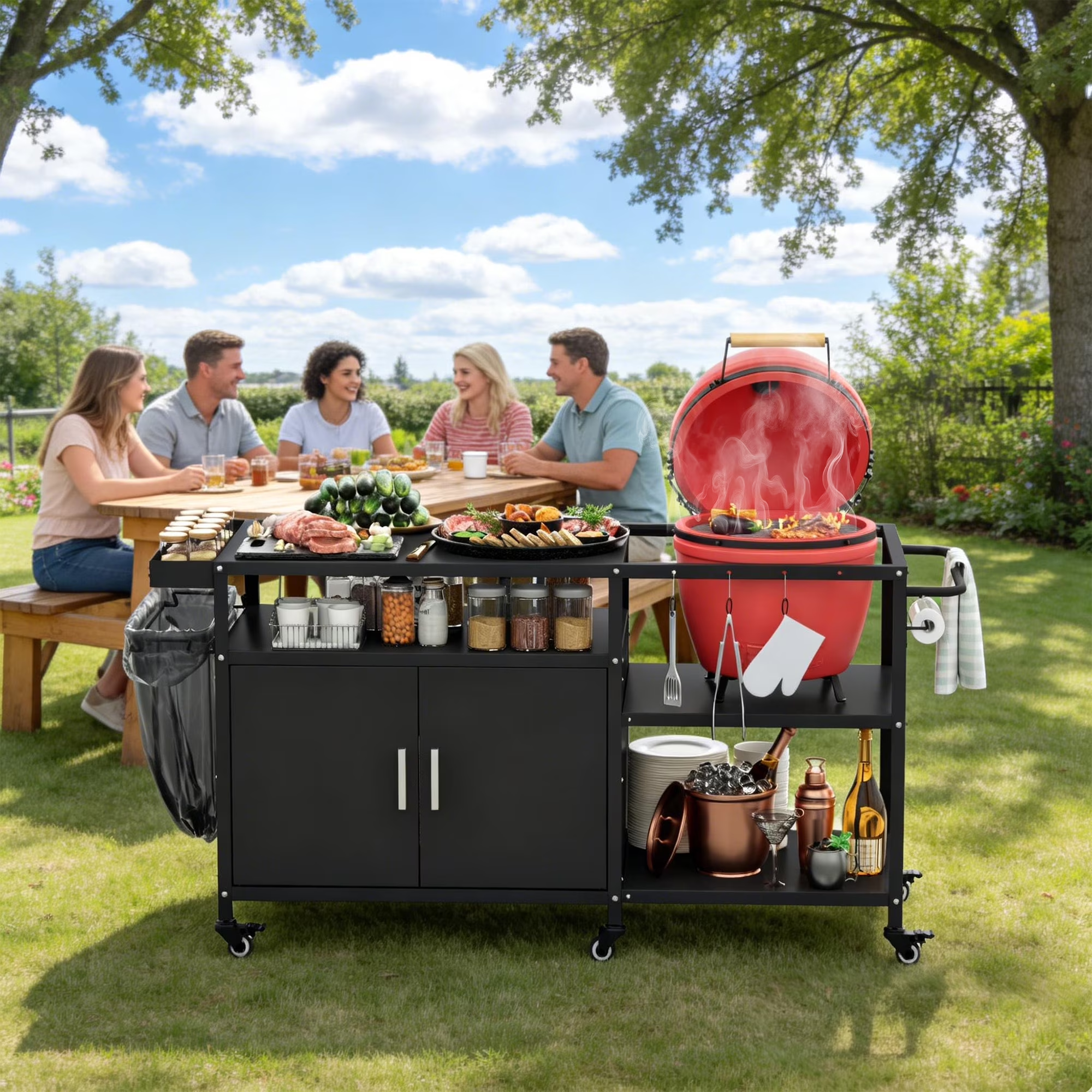 Joywind Grill Table for Big Green Egg Stand, Heavy Duty Metal Grill Station,Black