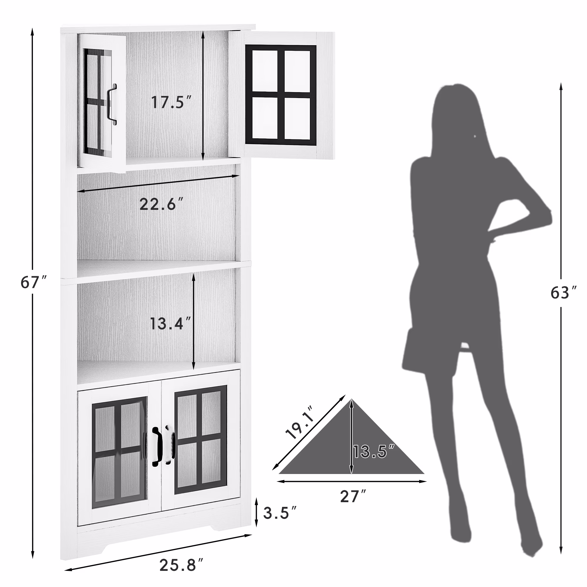 Joywind 67" White Corner Cabinet with LED Lights, Modern Tall Storage Hutch with Glass Doors & Shelves