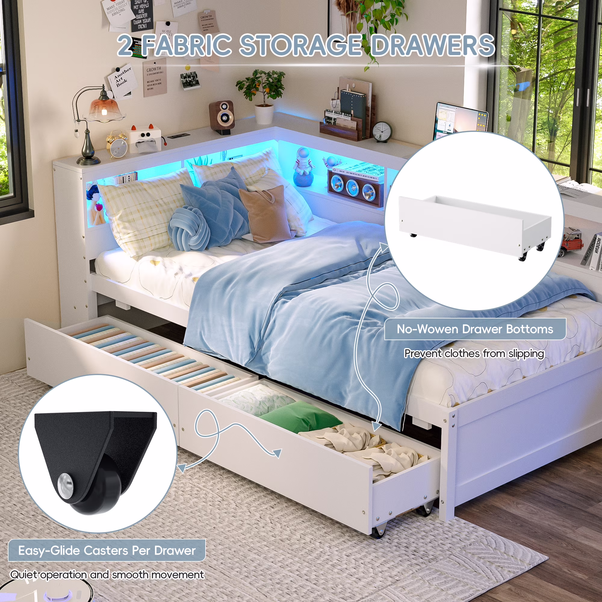 Joywind Twin Corner Bed Frame with Storage Drawers, Bookcase Headboard, Charging Station & LED Lights,White