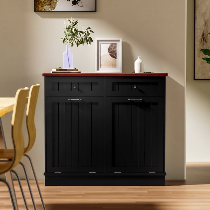 Joywind Double Tilt Out Trash Cabinet, Wooden Free Standing Recycling Bin, 20 Gallon