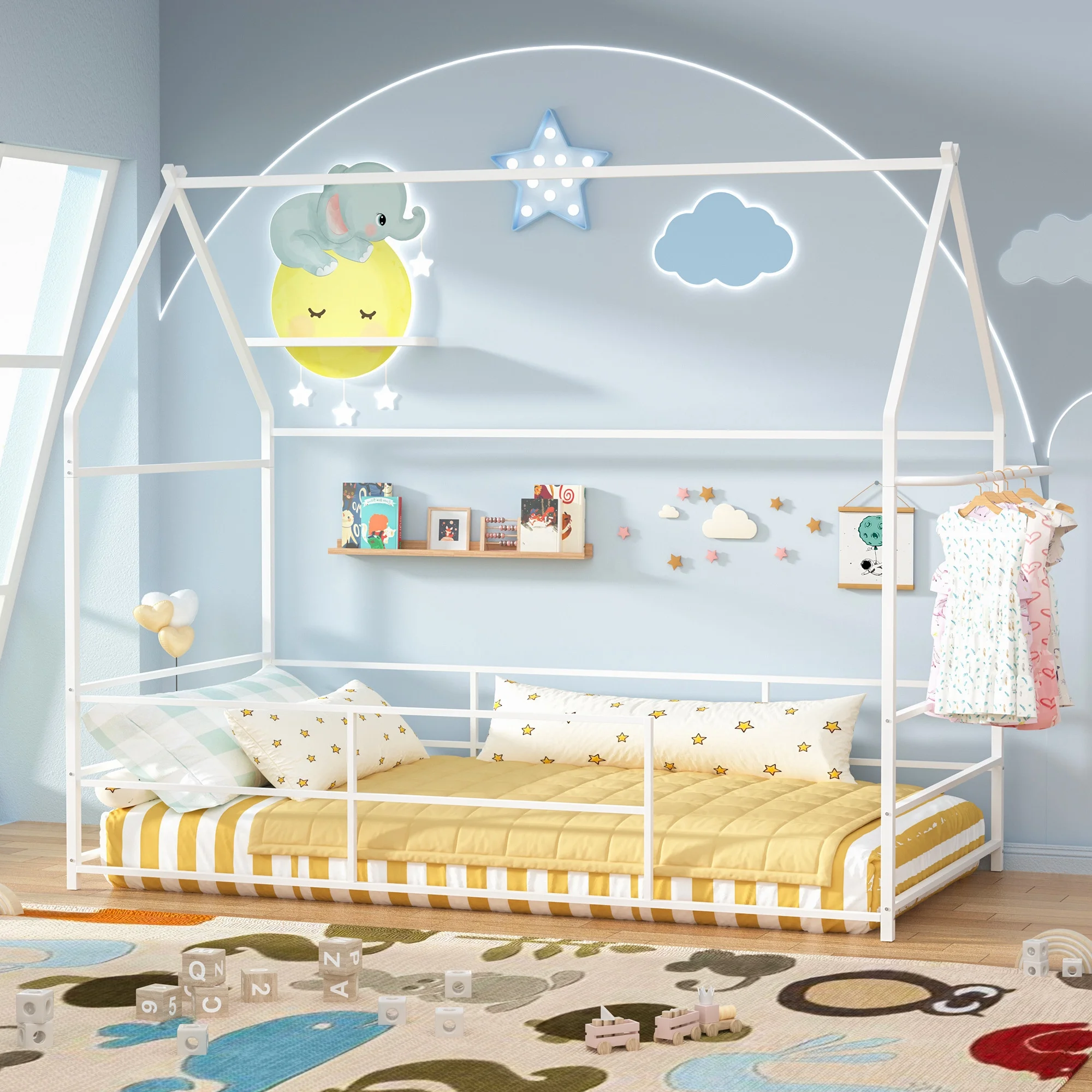 Joywind Metal Twin Floor House Bed with Headboard, Footboard & Guardrails - Montessori Style Bed Frame with Hanging Bar for Boys, Girls