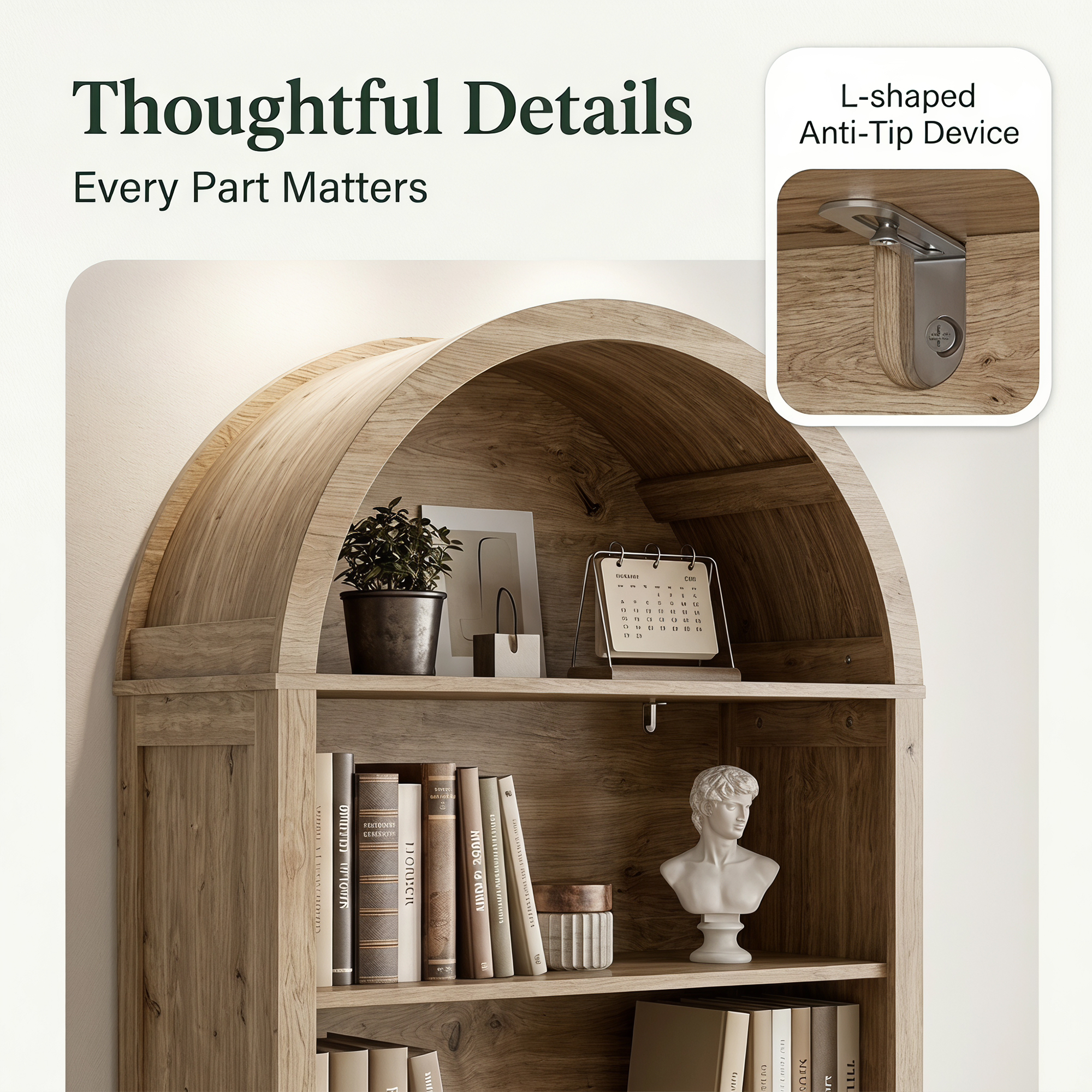 Joywind 69" 5-Tier Wood Arched Bookcase with Power Outlets, Modern Farmhouse Bookshelf for Living Room, Natural