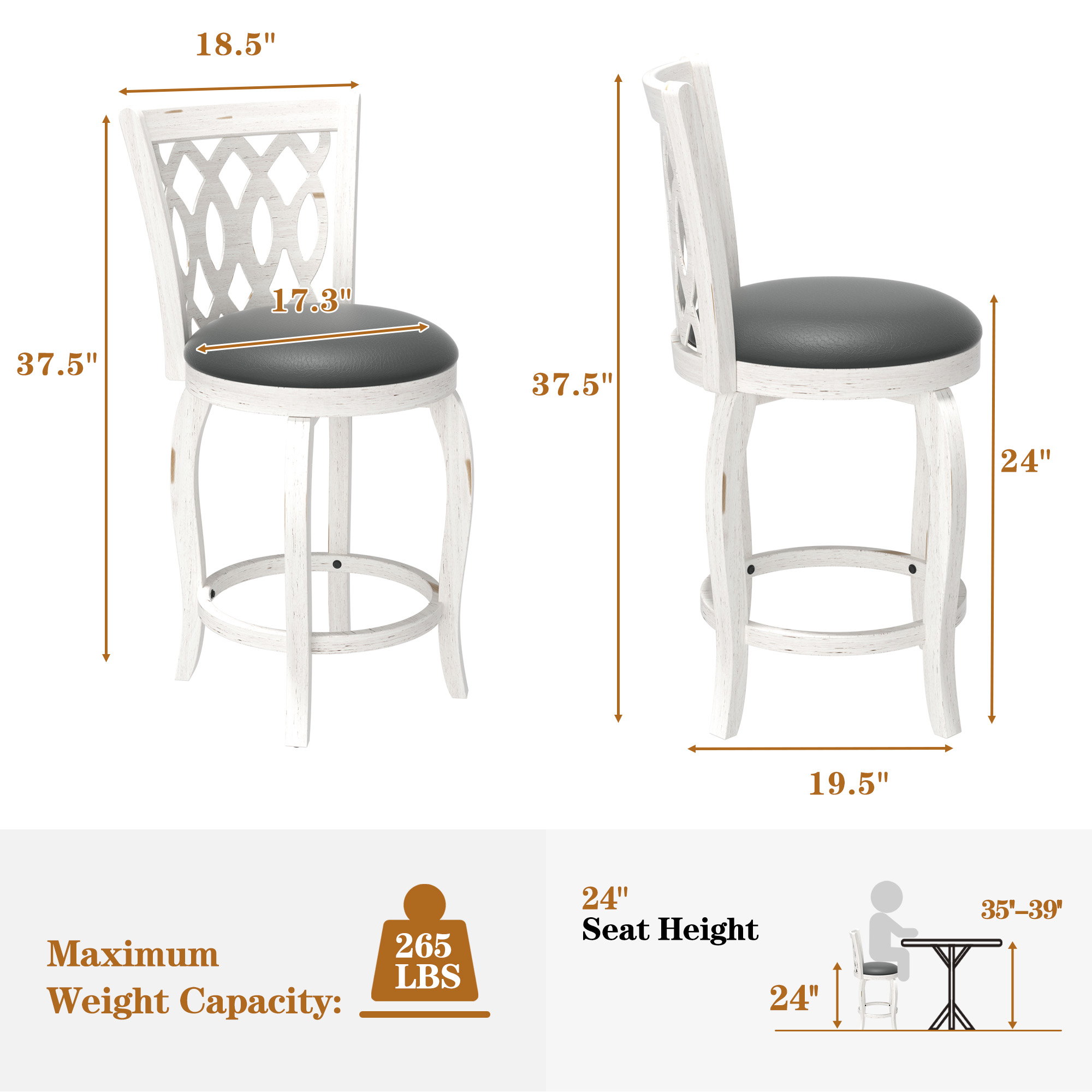 Joywind 24" Counter Height Swivel Bar Stools with High Back, Upholstered Seat & Solid Wood Footrest, Set of 2