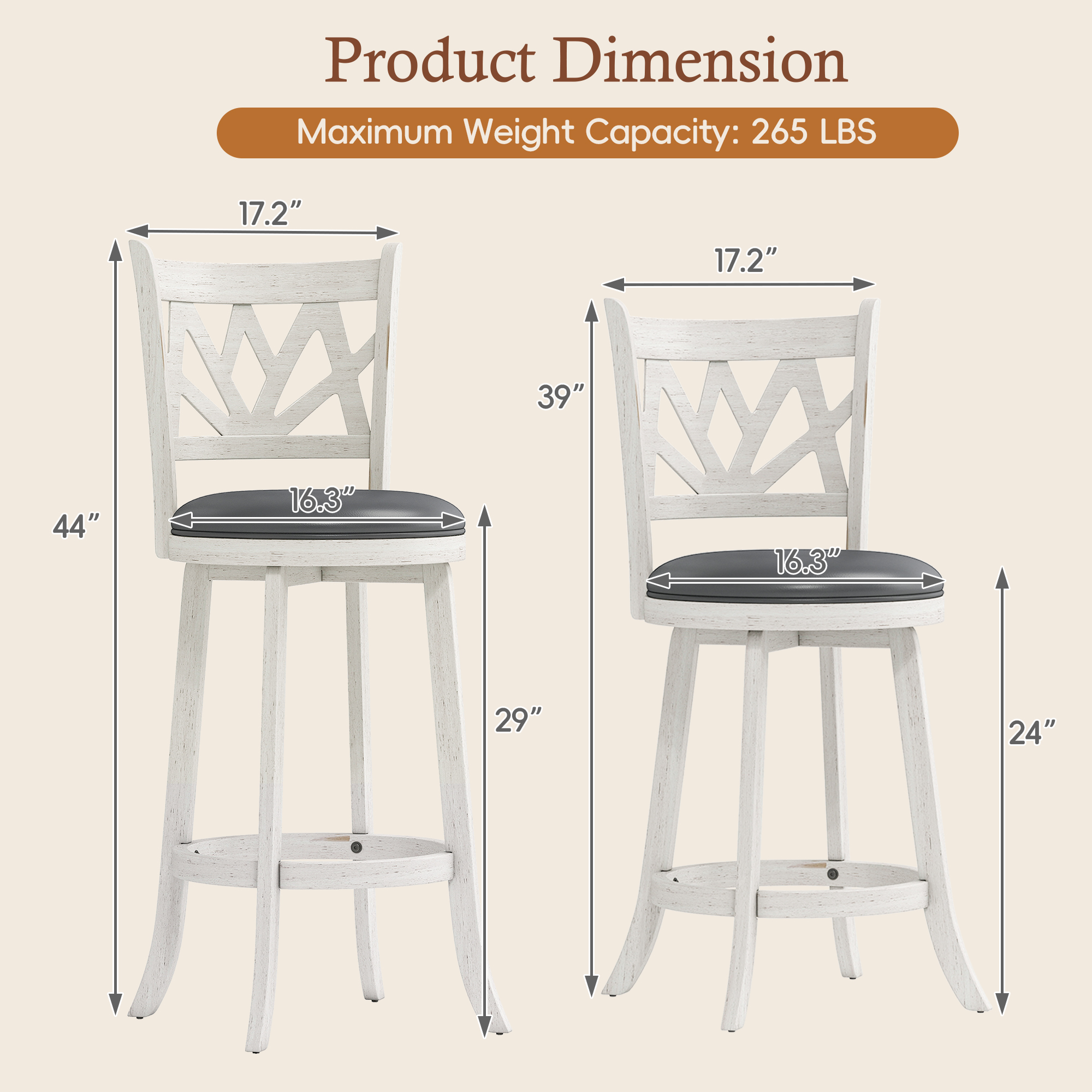 Joywind Farmhouse Swivel Bar Stools Set of 2, 24" Carved Lotus Barstools, Faux Leather Upholstered Counter Chairs with Solid Footrest & Wood Legs