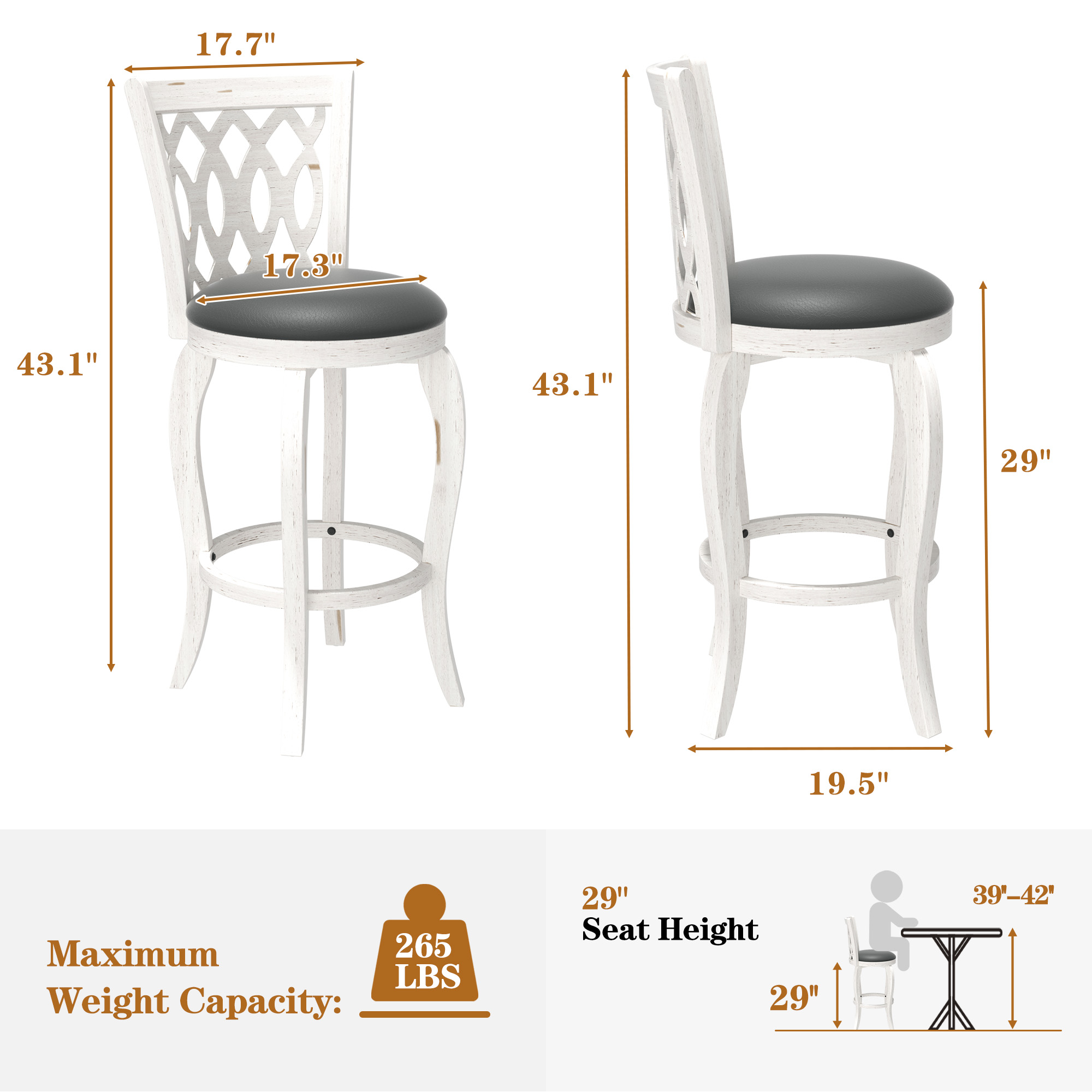 Joywind 29" Bar Height Swivel Bar Stools with High Back, Upholstered Seat & Solid Wood Footrest, Set of 2