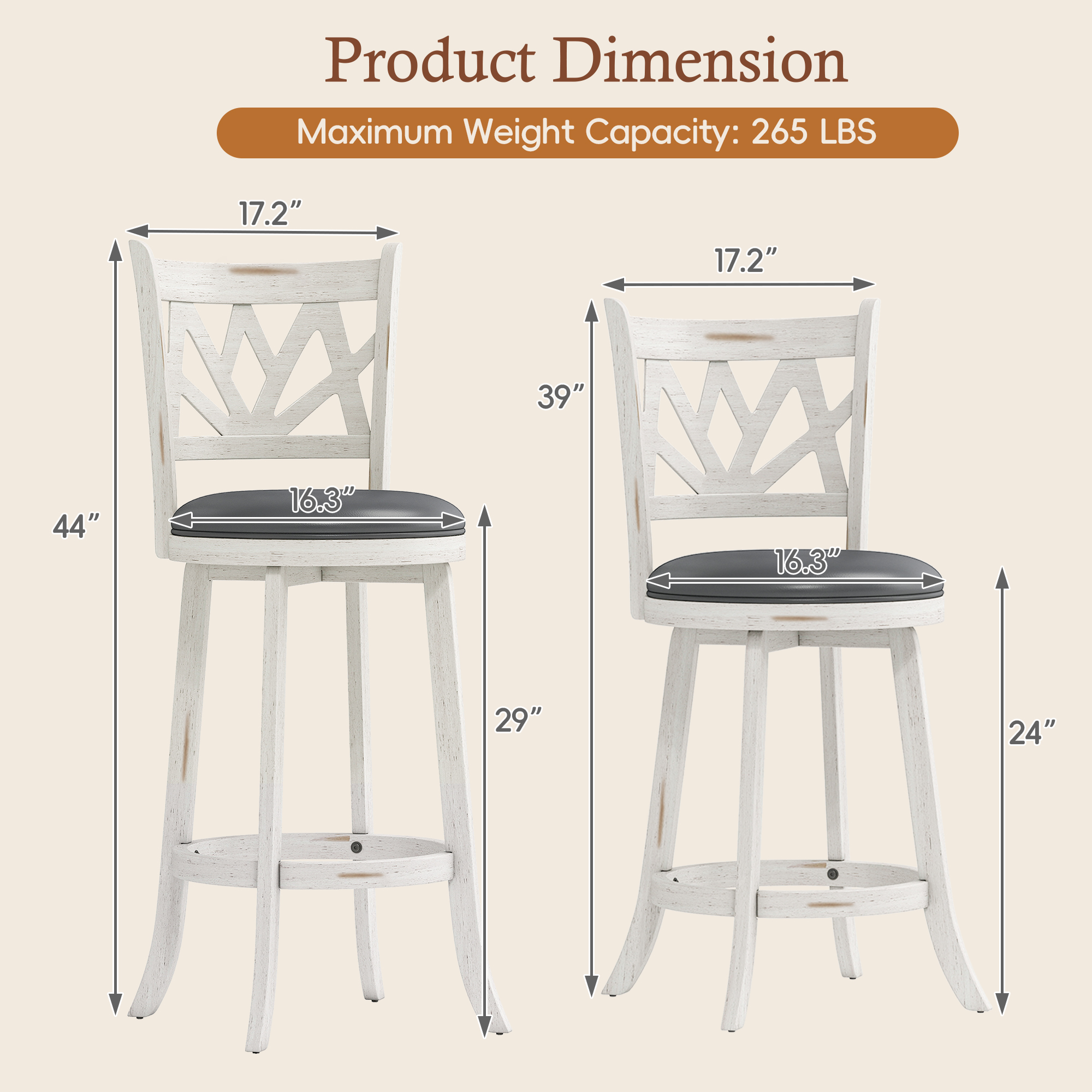 Joywind Farmhouse Swivel Bar Stools Set of 2, 30" Carved Lotus Barstools, Faux Leather Upholstered Bar Chairs with Solid Footrest & Wood Legs