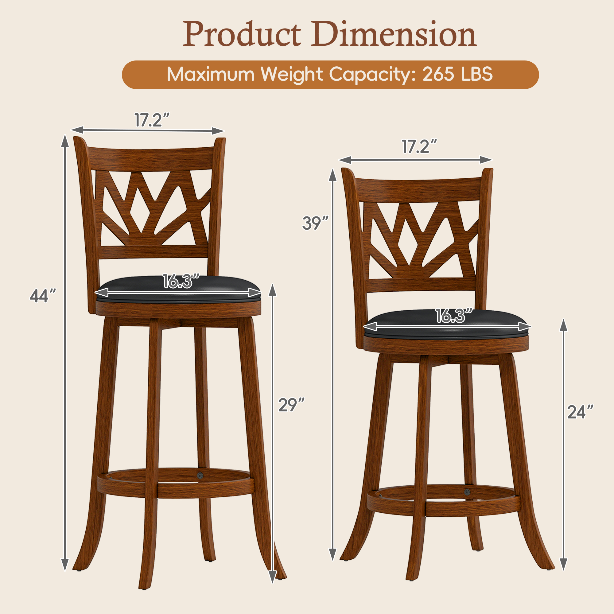 Joywind Farmhouse Swivel Bar Stools Set of 2, 30" Carved Lotus Barstools, Faux Leather Upholstered Bar Chairs with Solid Footrest & Wood Legs, Rustic Brown