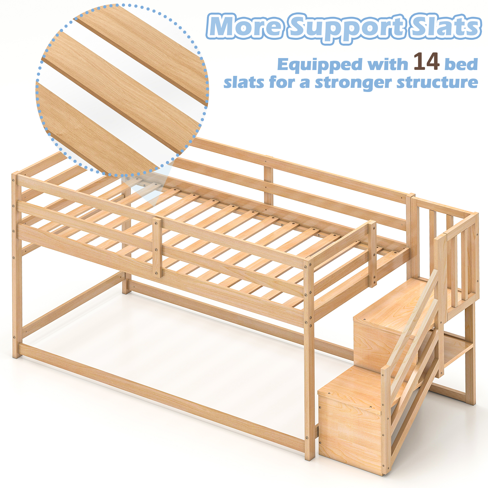 Joywind Solid Wood Low Bunk Bed Twin Over Twin with Storage Staircase, Safety Guardrails & Hanging Bar - Floor Bunk Beds for Kids, Boys, Girls, Juniors