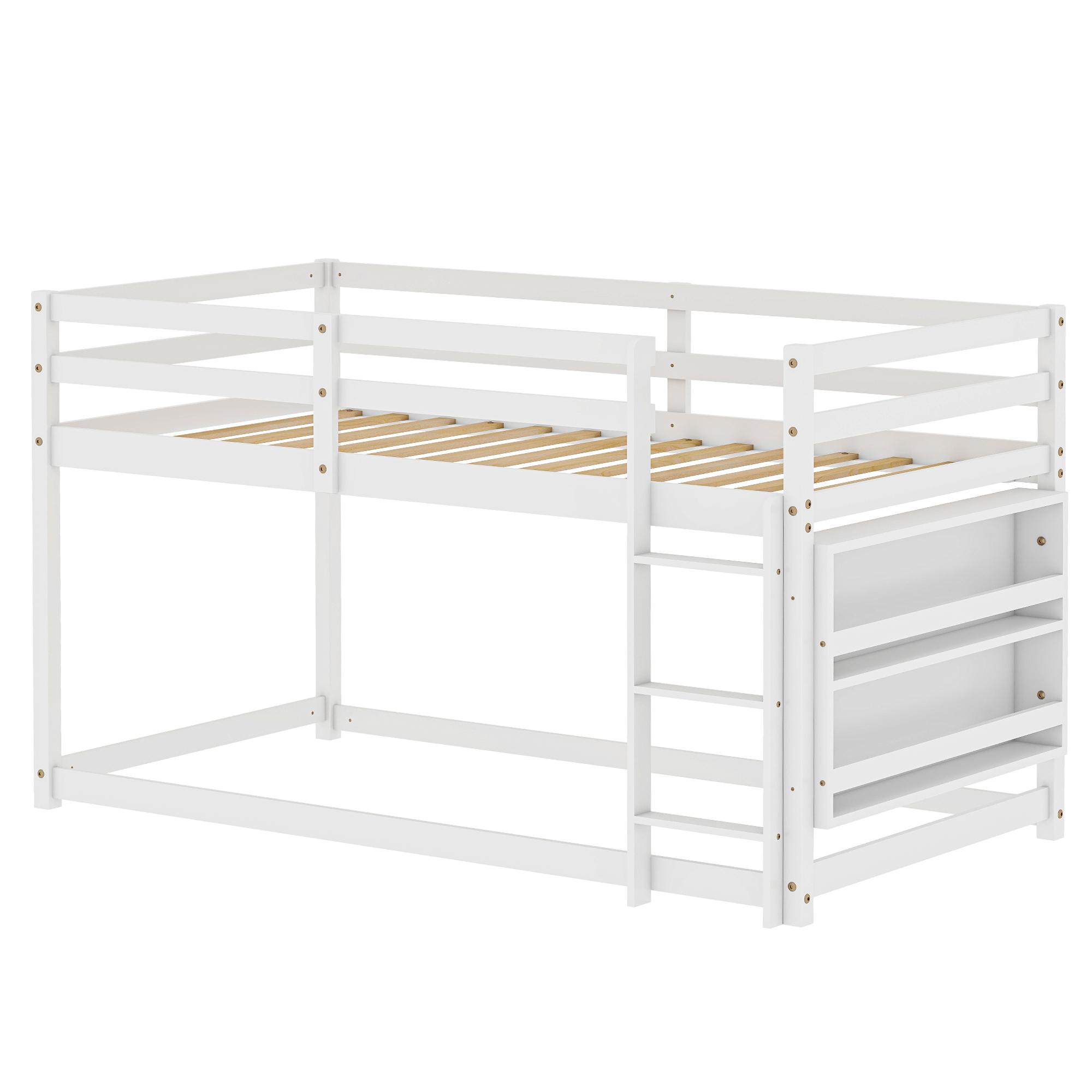 Joywind Wood Twin-over-Twin Standard Bunk Beds with Bookcase and Guardrails White
