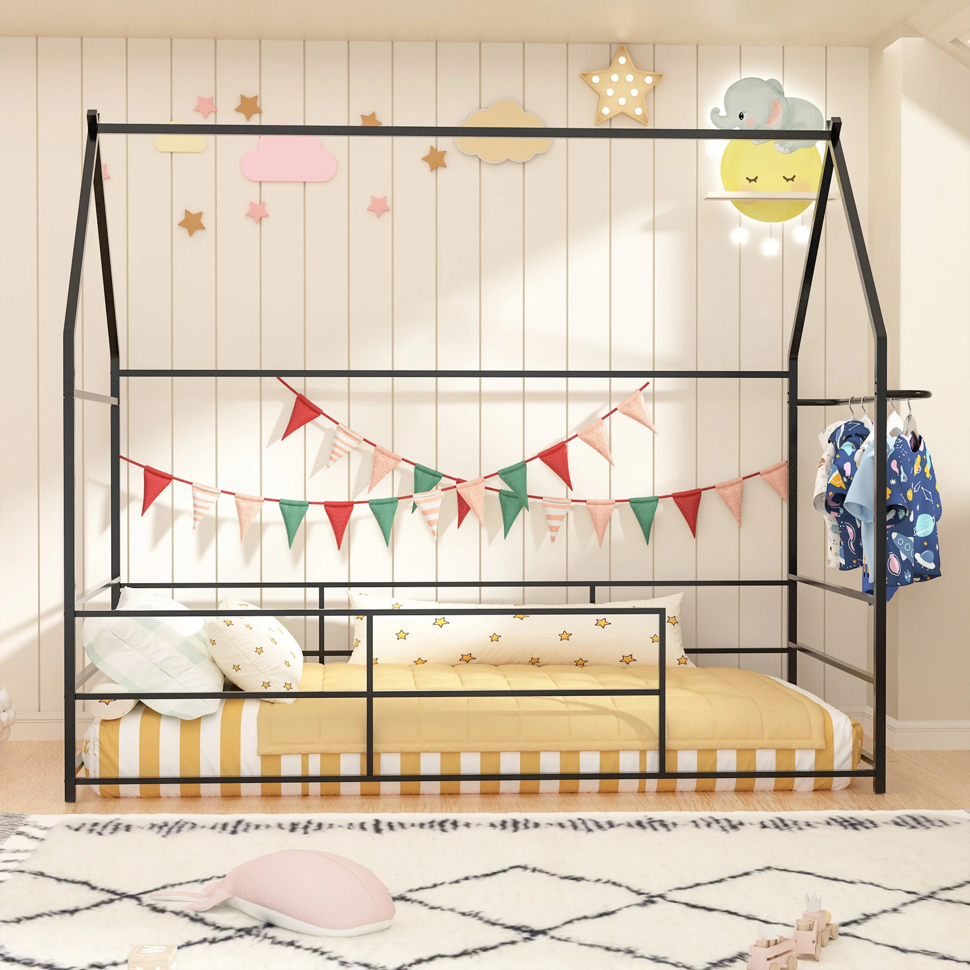 Joywind Metal Twin Floor House Bed with Headboard, Footboard & Guardrails - Montessori Style Bed Frame with Hanging Bar for Boys, Girls