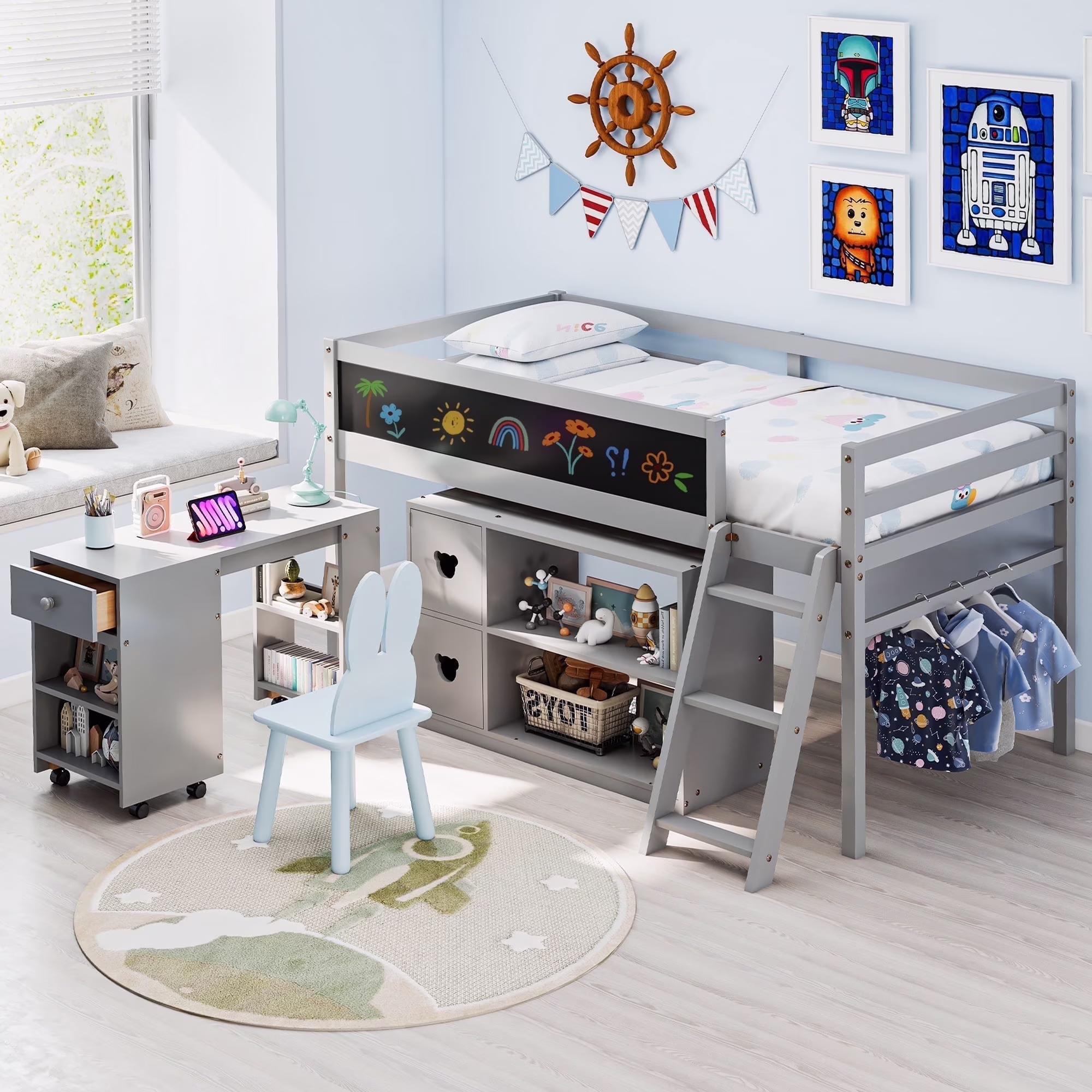 Joywind Twin Low Loft Bed with Storage & Desk for Kids Teens, Solid Wood Bed Frame