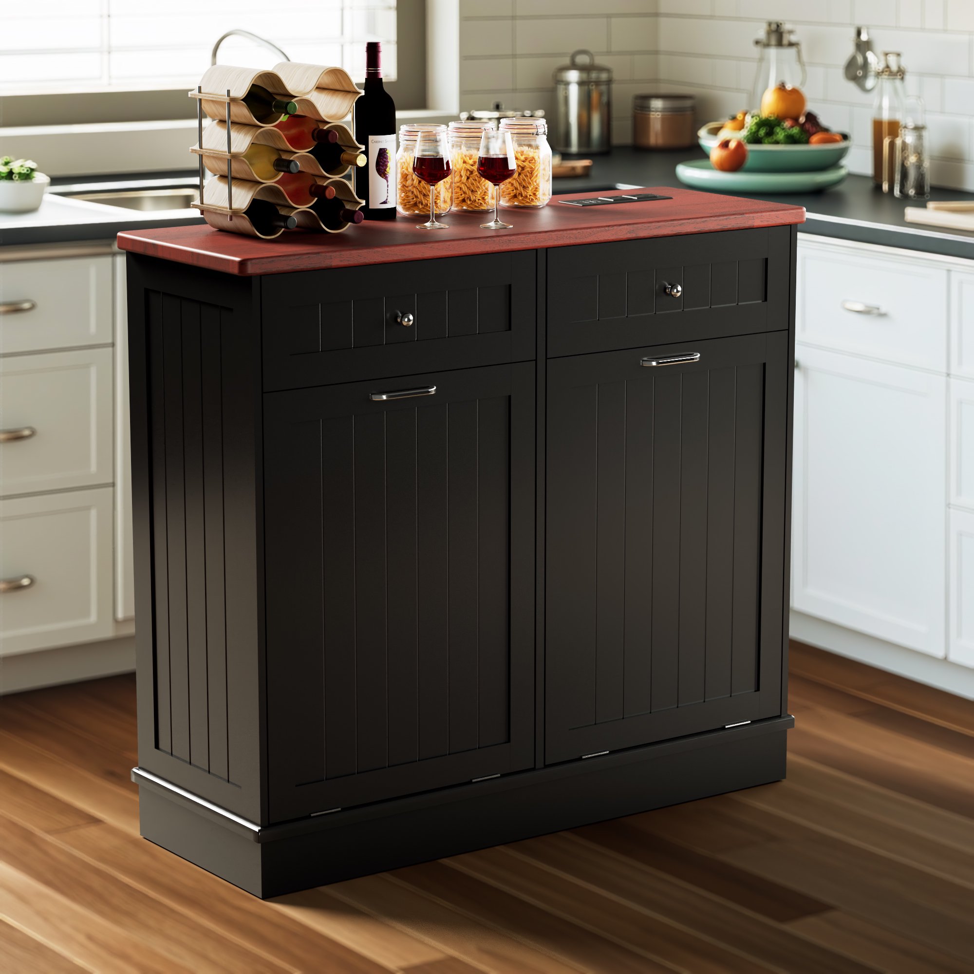 Joywind Double Tilt Out Trash Cabinet, Wooden Free Standing Recycling Bin, 20 Gallon