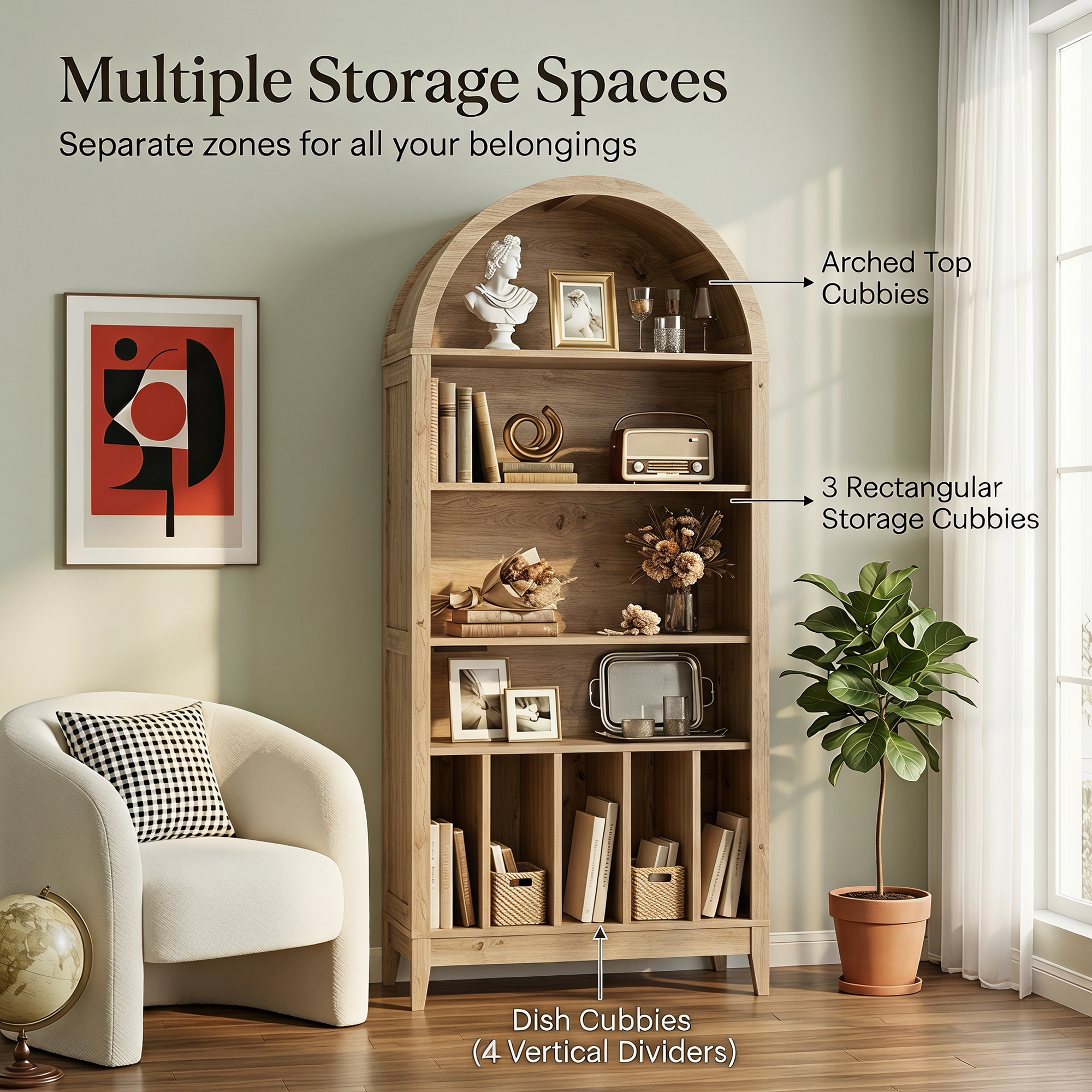 Joywind 69" 5-Tier Wood Arched Bookcase with Power Outlets, Modern Farmhouse Bookshelf for Living Room, Natural