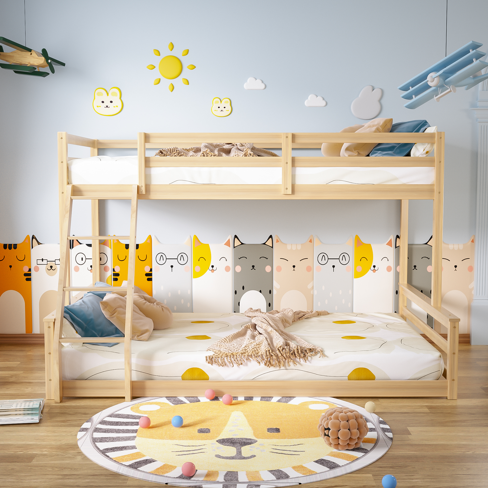 Joywind Solid Wood Twin Over Full Bunk Bed with Ladder & Full Guardrails for Boys, Girls, Kids, Bedroom