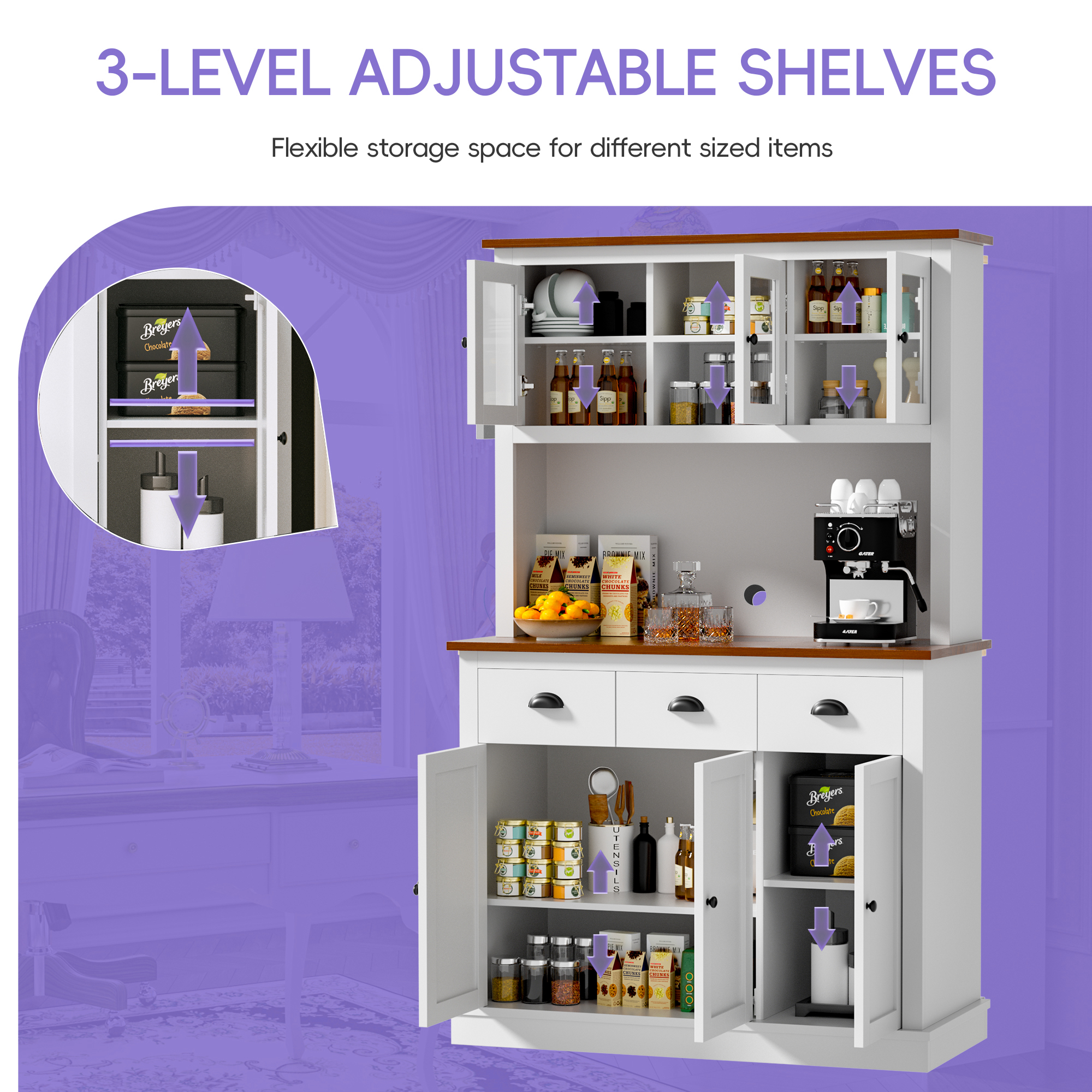Joywind Freestanding Pantry Cabinet with Countertop, Storage Drawers, and Adjustable Shelves