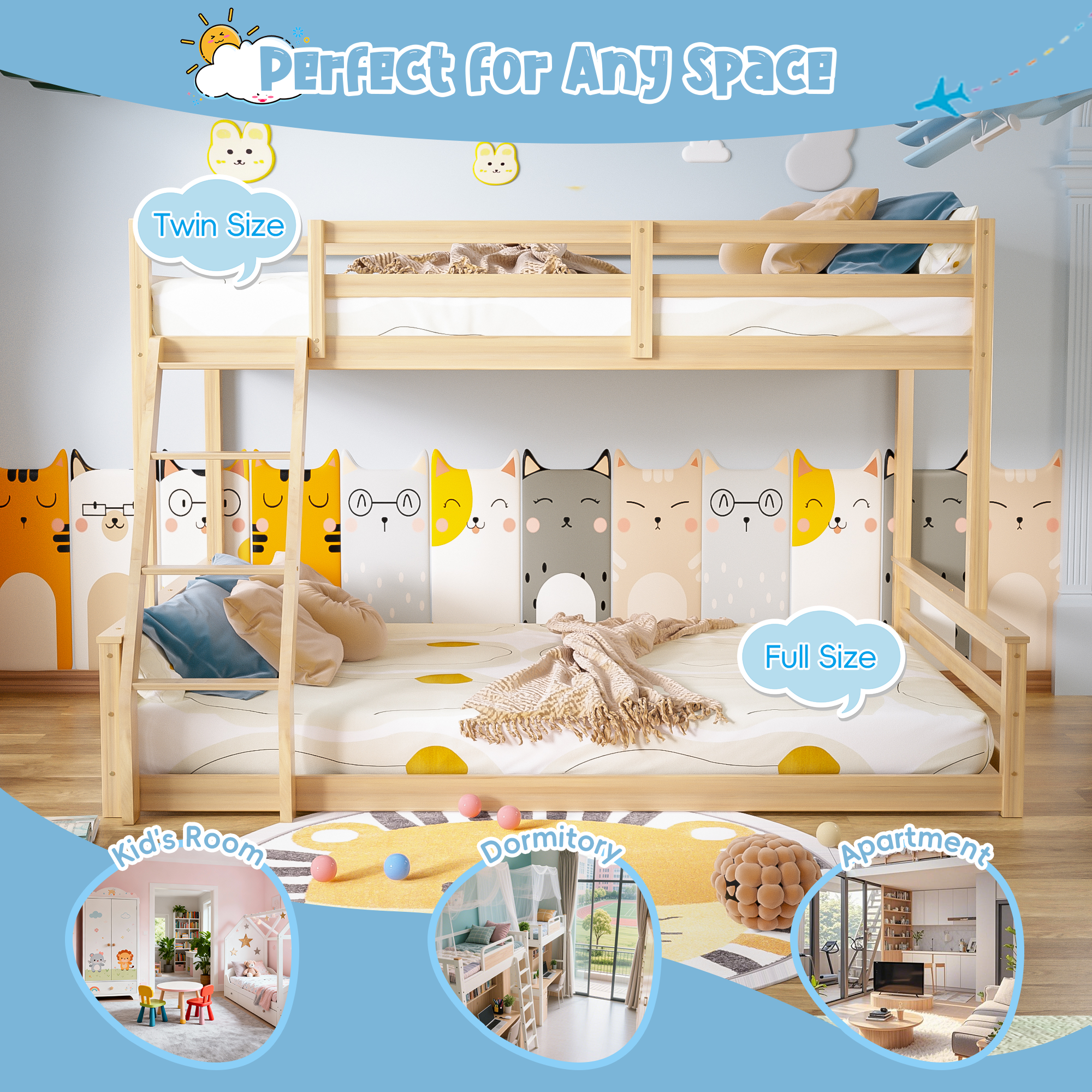 Joywind Solid Wood Twin Over Full Bunk Bed with Ladder & Full Guardrails for Boys, Girls, Kids, Bedroom