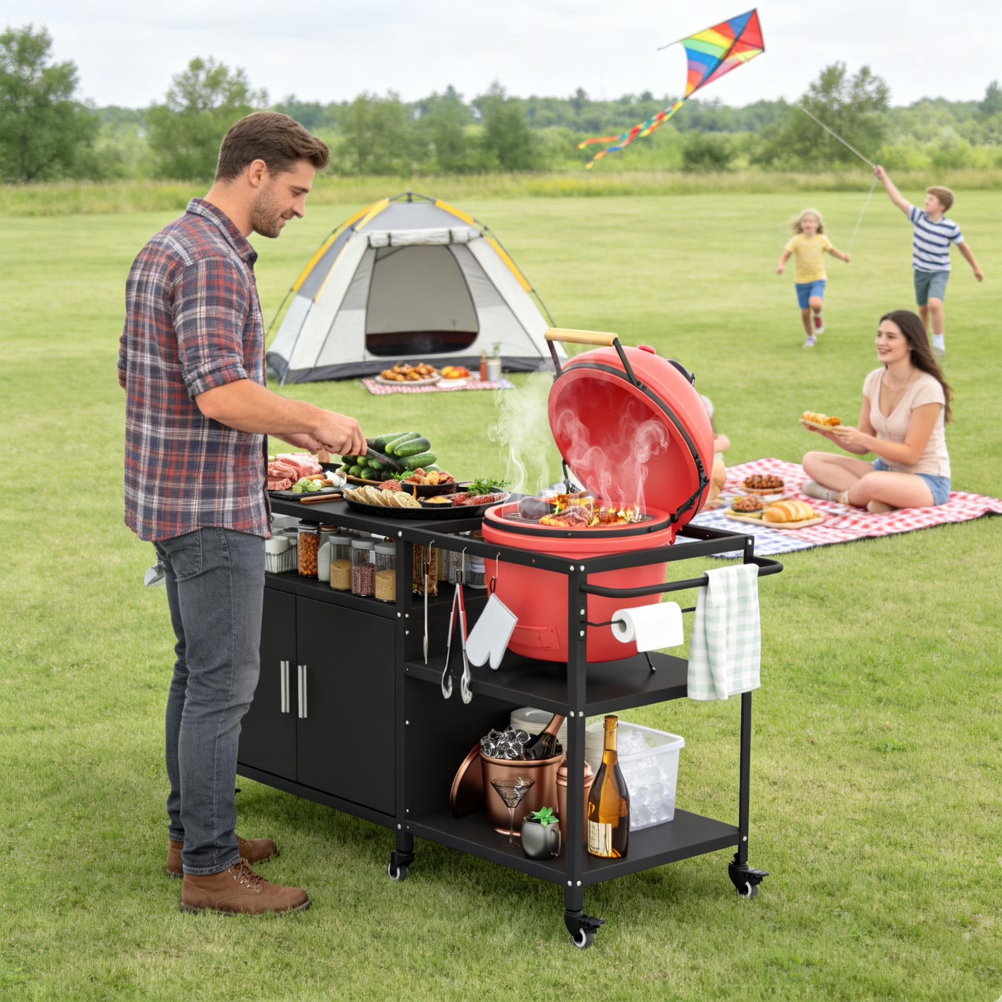 Joywind Grill Table for Big Green Egg Stand, Heavy Duty Metal Grill Station,Black