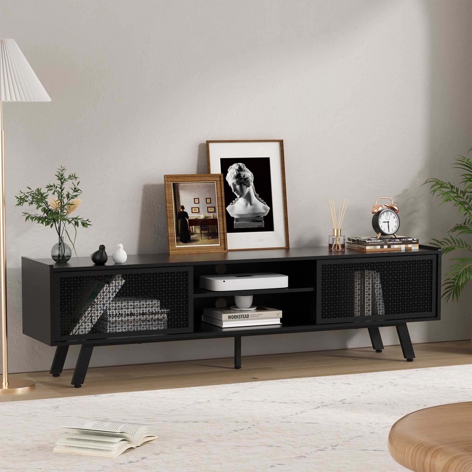 Joywind Modern TV Stand for TVs up to 70", Black Iron Rattan Entertainment Centre with Sliding Door, TV Console Table with Storage and Adjustable Shelves for Living Room, Bedroom