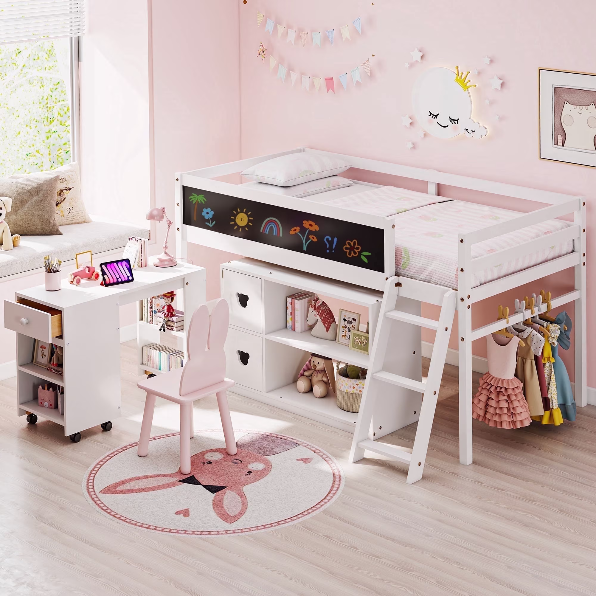 Joywind Twin Low Loft Bed with Storage & Desk for Kids Teens, Solid Wood Bed Frame