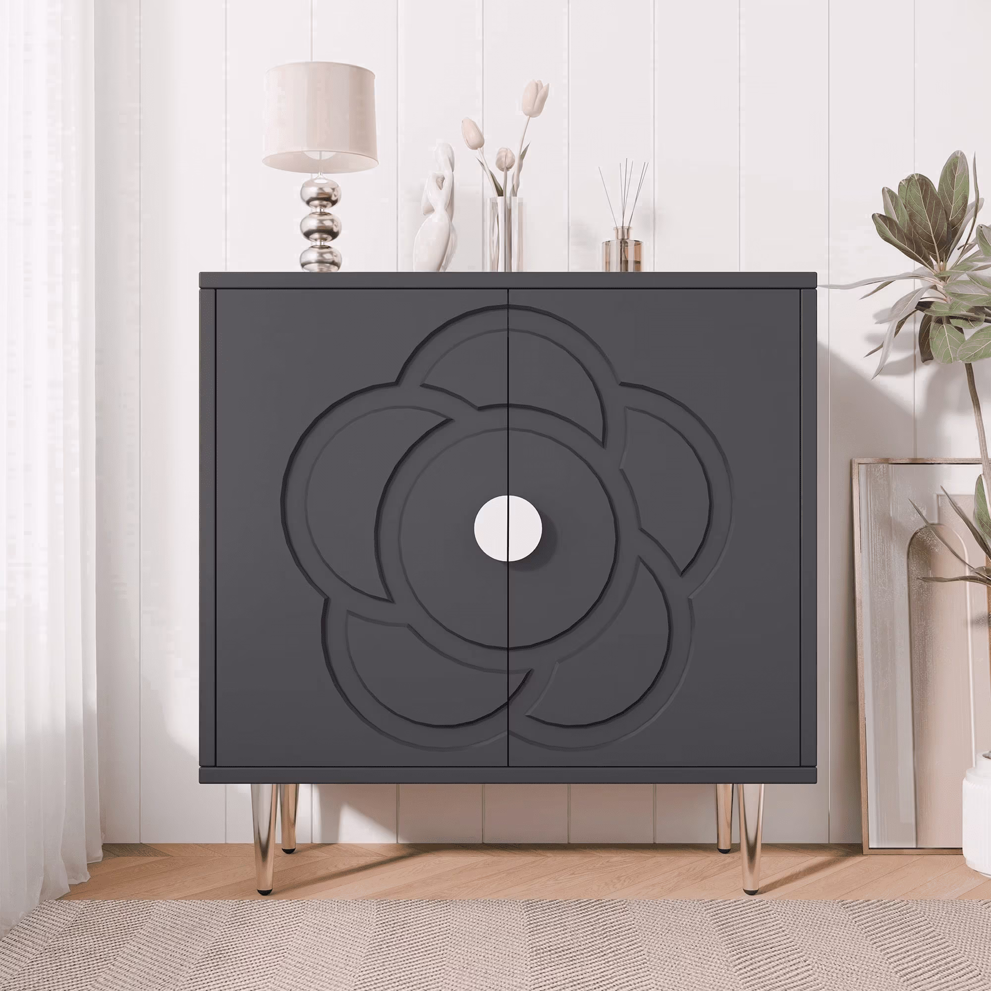 Joywind Floral Accent Cabinet with 2 Doors, Storage Sideboard Cabinet with Adjustable Shelves, Buffet Cabinet for Hallway, Living Room, Kitchen, Gray