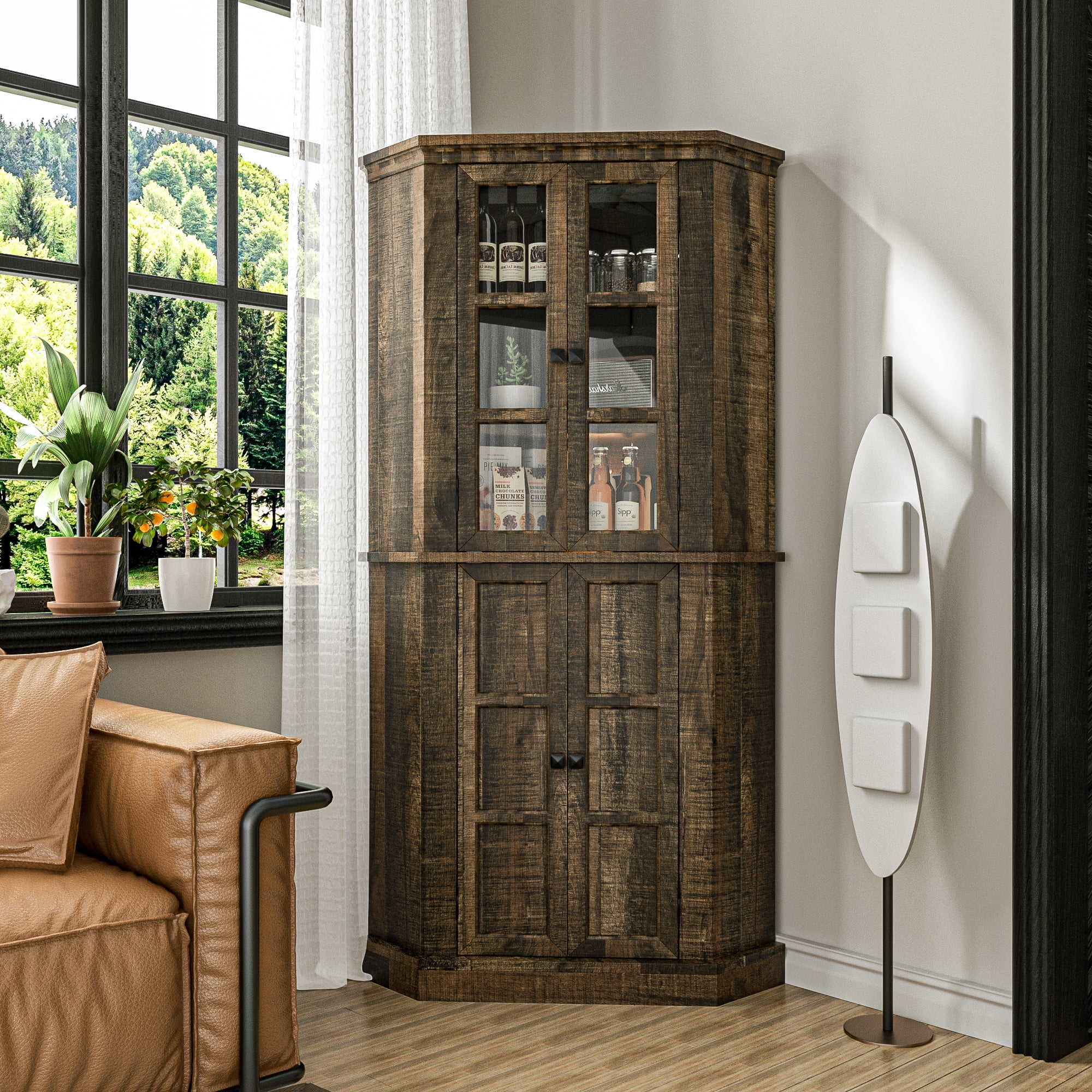 Joywind 67" Farmhouse Corner Cabinet with Doors, Tall Storage Cabinet with Adjustable Shelves for Kitchen, Dining & Living Room, Rustic Brown