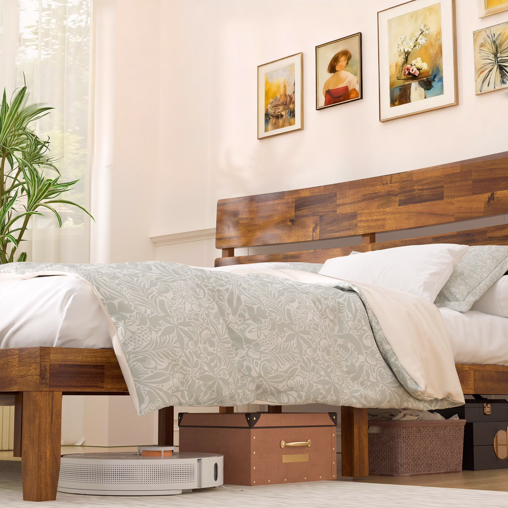 Joywind Wood Queen Bed Frame with Headboard, Wooden Platform Bed Frame Queen Size