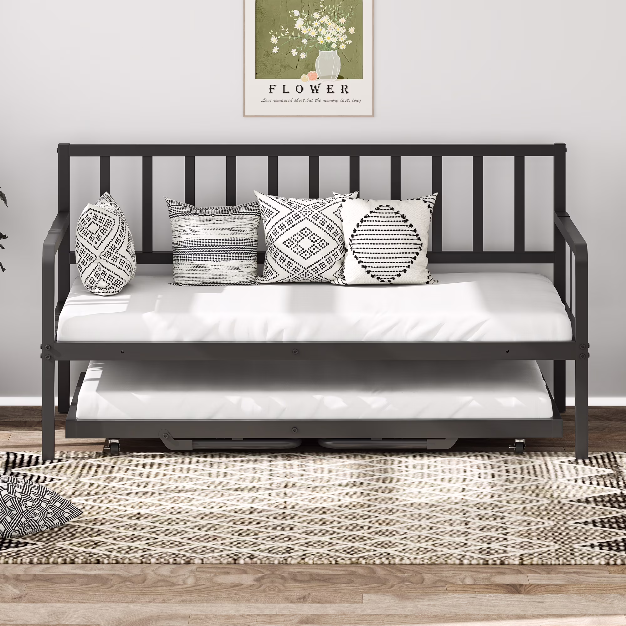 Joywind Twin Daybed with Trundle, Metal Bed Frame with LED Lights, Charging Station & Pop-Up Trundle for Living Room, Bedroom or Guest Room, Black