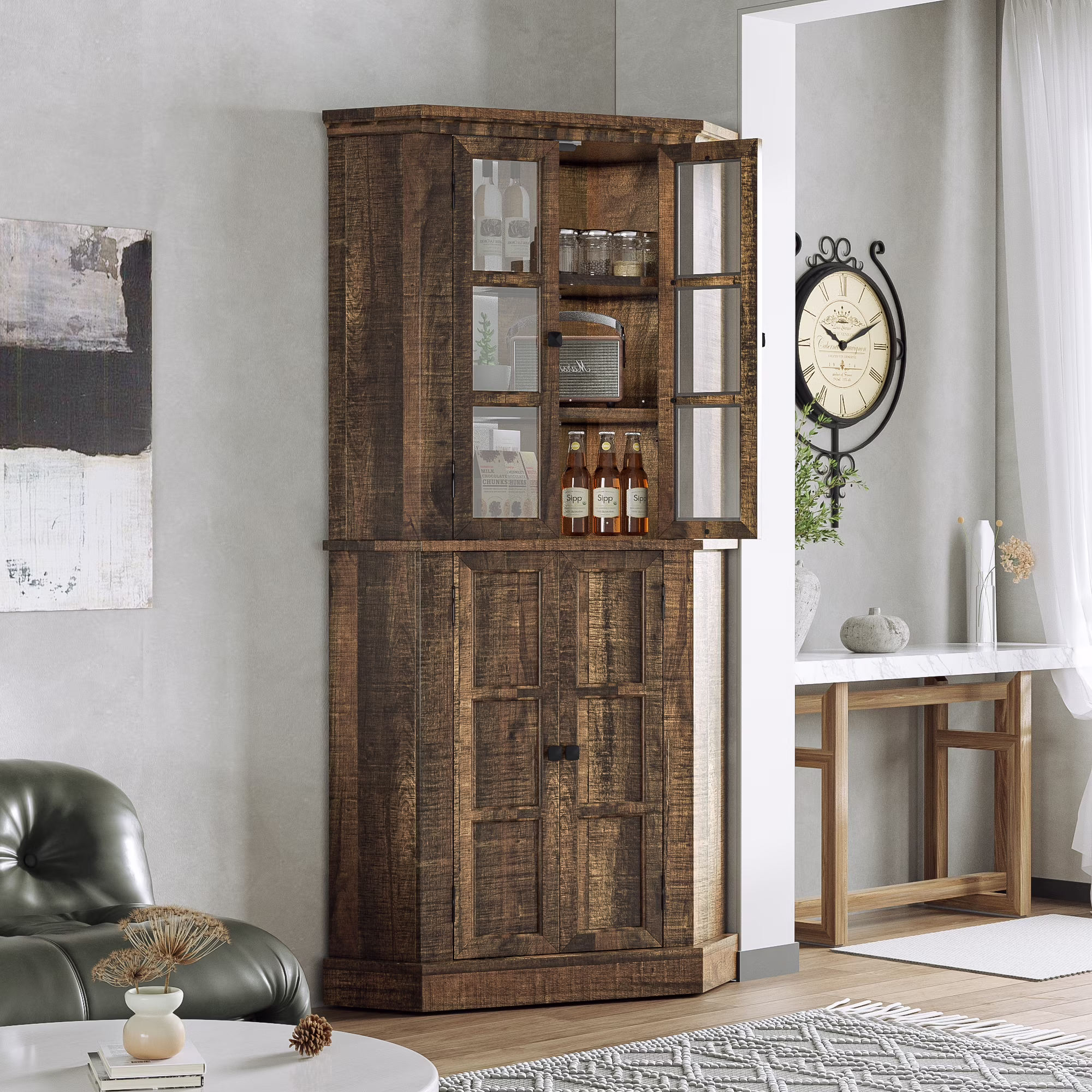Joywind 67" Farmhouse Corner Cabinet with Doors, Tall Storage Cabinet with Adjustable Shelves for Kitchen, Dining & Living Room, Rustic Brown