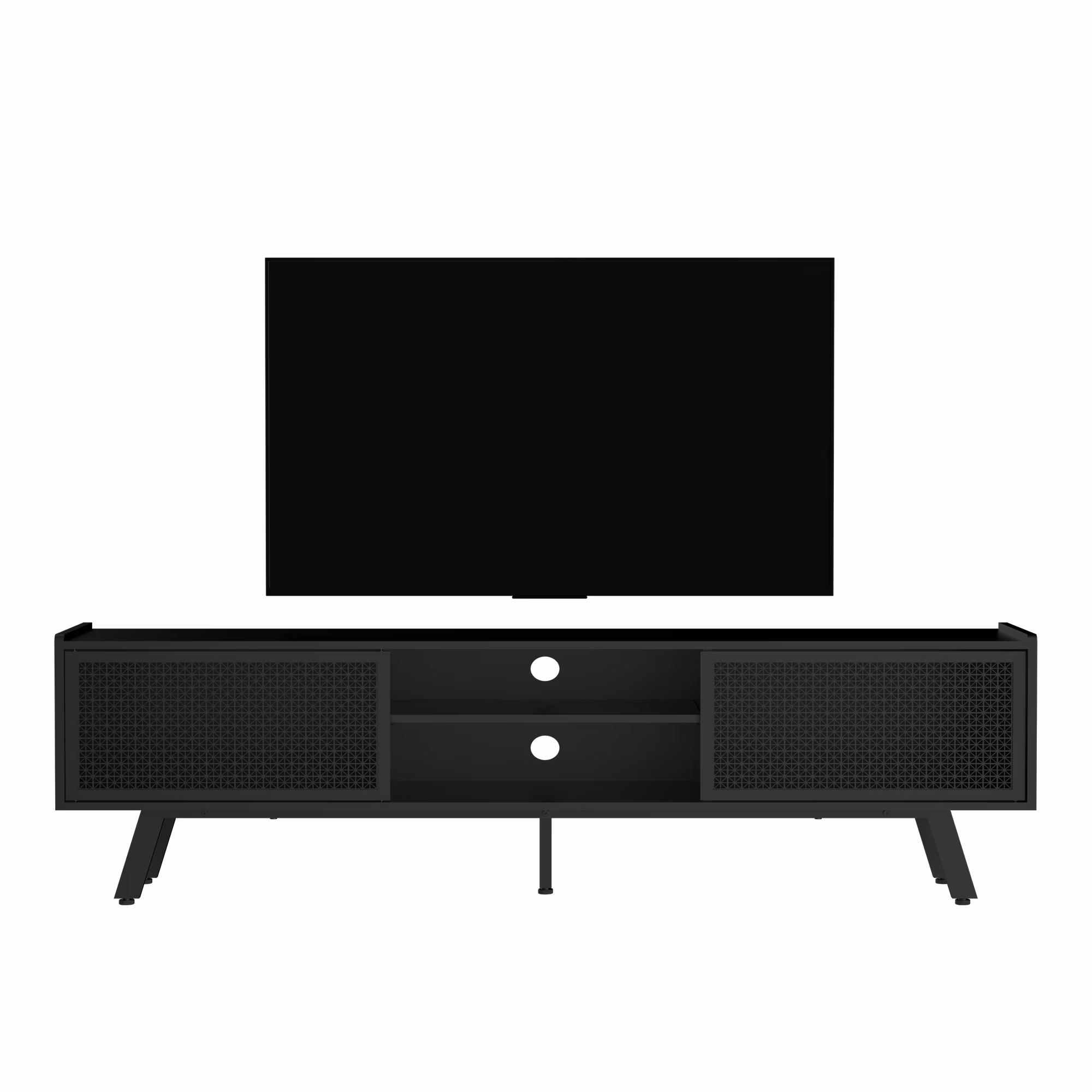 Joywind Modern TV Stand for TVs up to 70", Black Iron Rattan Entertainment Centre with Sliding Door, TV Console Table with Storage and Adjustable Shelves for Living Room, Bedroom