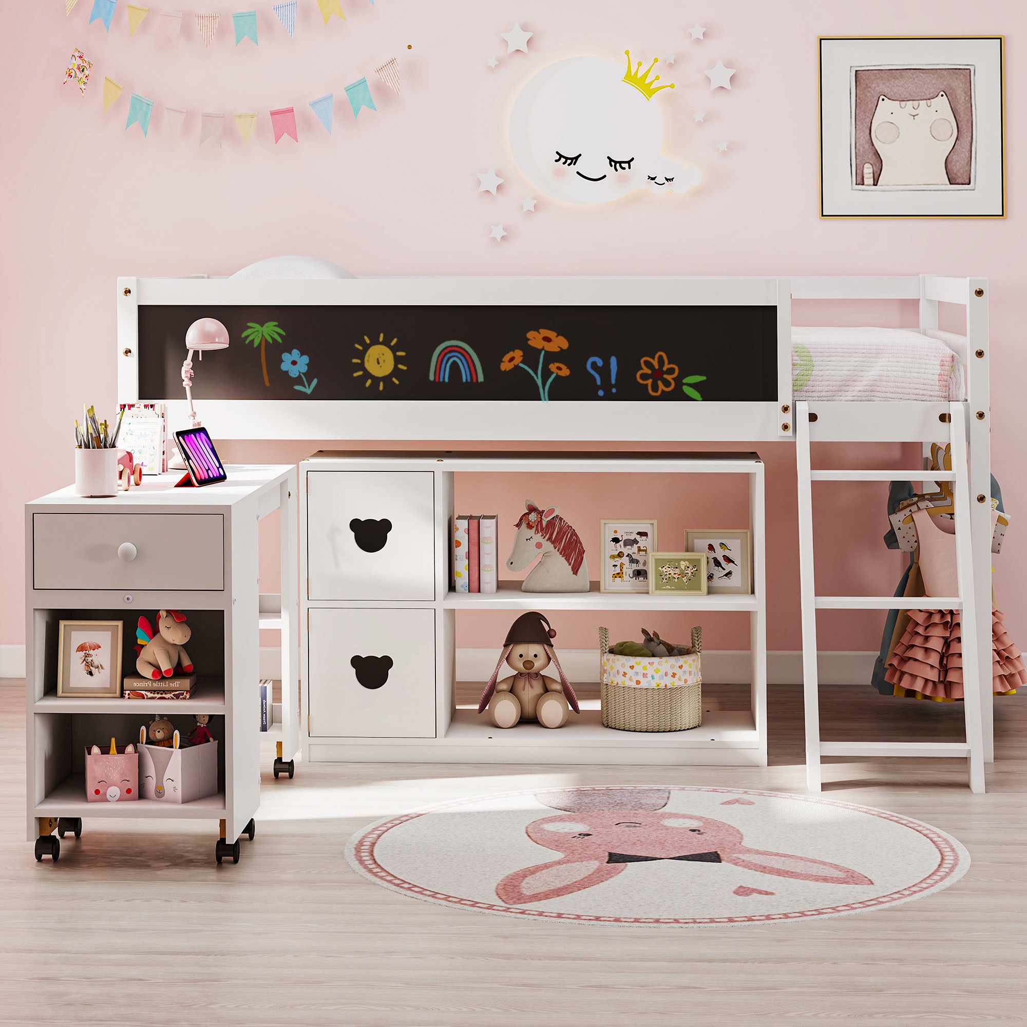 Joywind Twin Low Loft Bed with Storage & Desk for Kids Teens, Solid Wood Bed Frame
