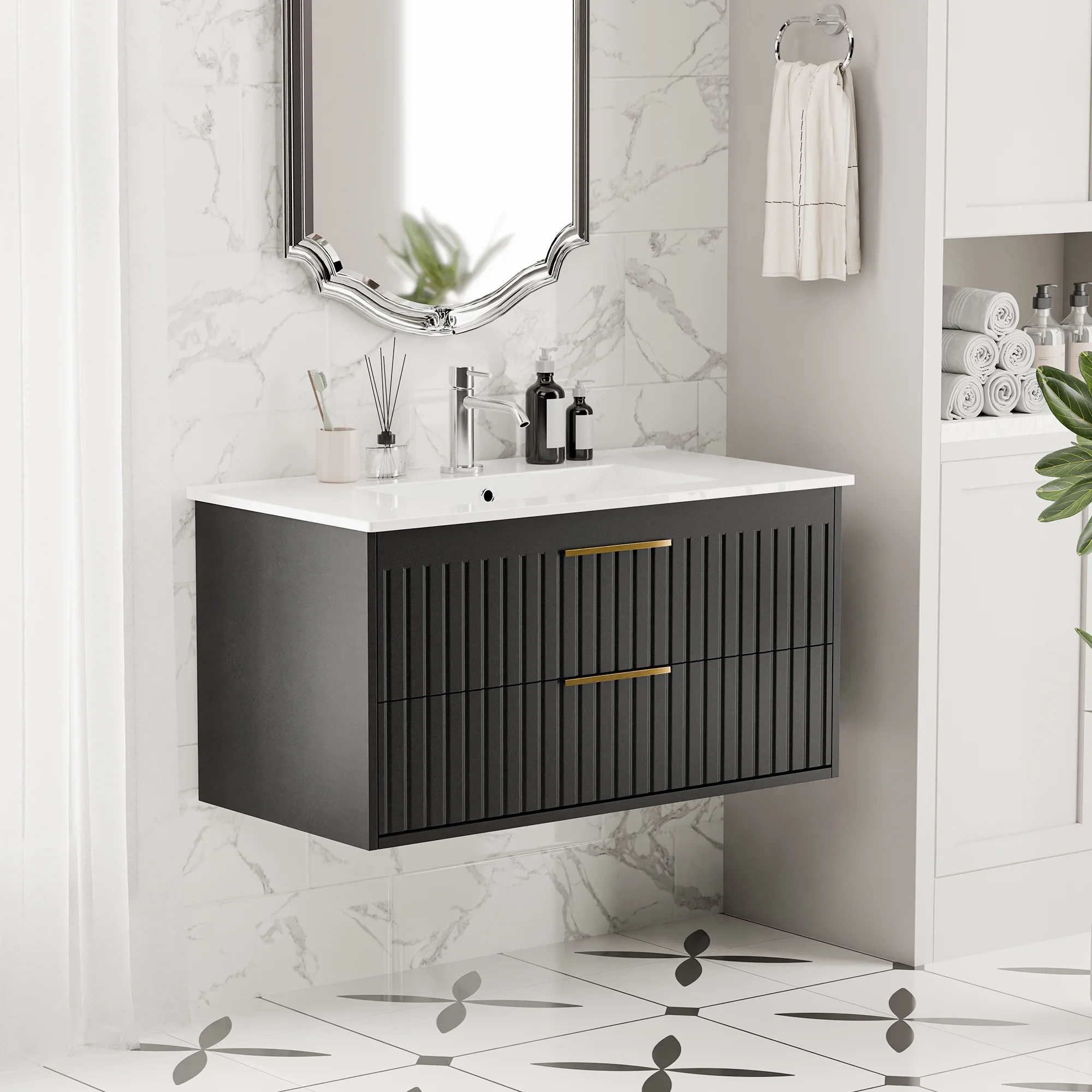 36-inch Floating Bathroom Vanity with Sink Combo, Complete Set with 4 Big Drawers and Modern Metal Handles for Ample Storage