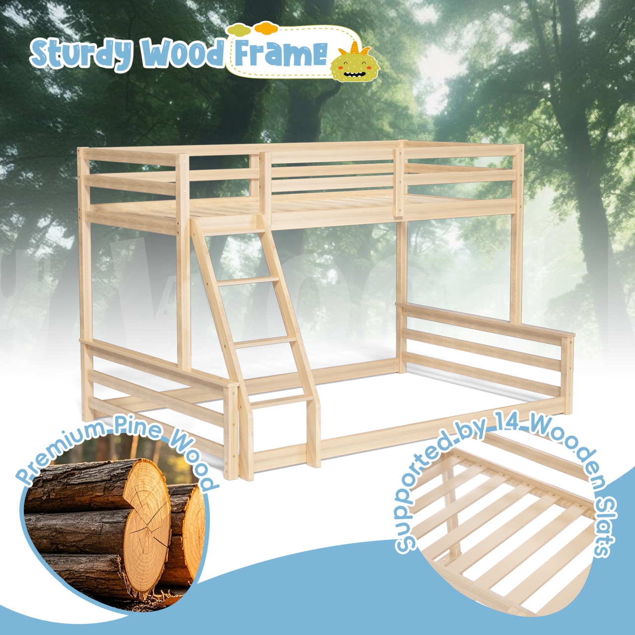 Joywind Solid Wood Twin Over Full Bunk Bed with Ladder & Full Guardrails for Boys, Girls, Kids, Bedroom
