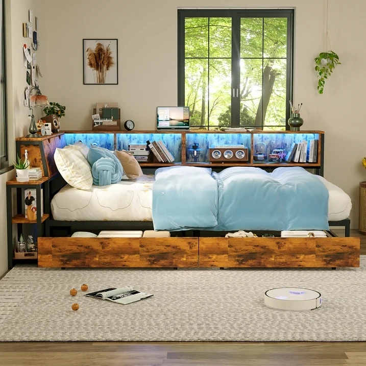 Joywind Corner Twin Bed Frame with Storage Shelves & USB Charging Station, LED Light Metal Platform Daybed with Drawers for Bedroom, Living Room, or Guest Room,