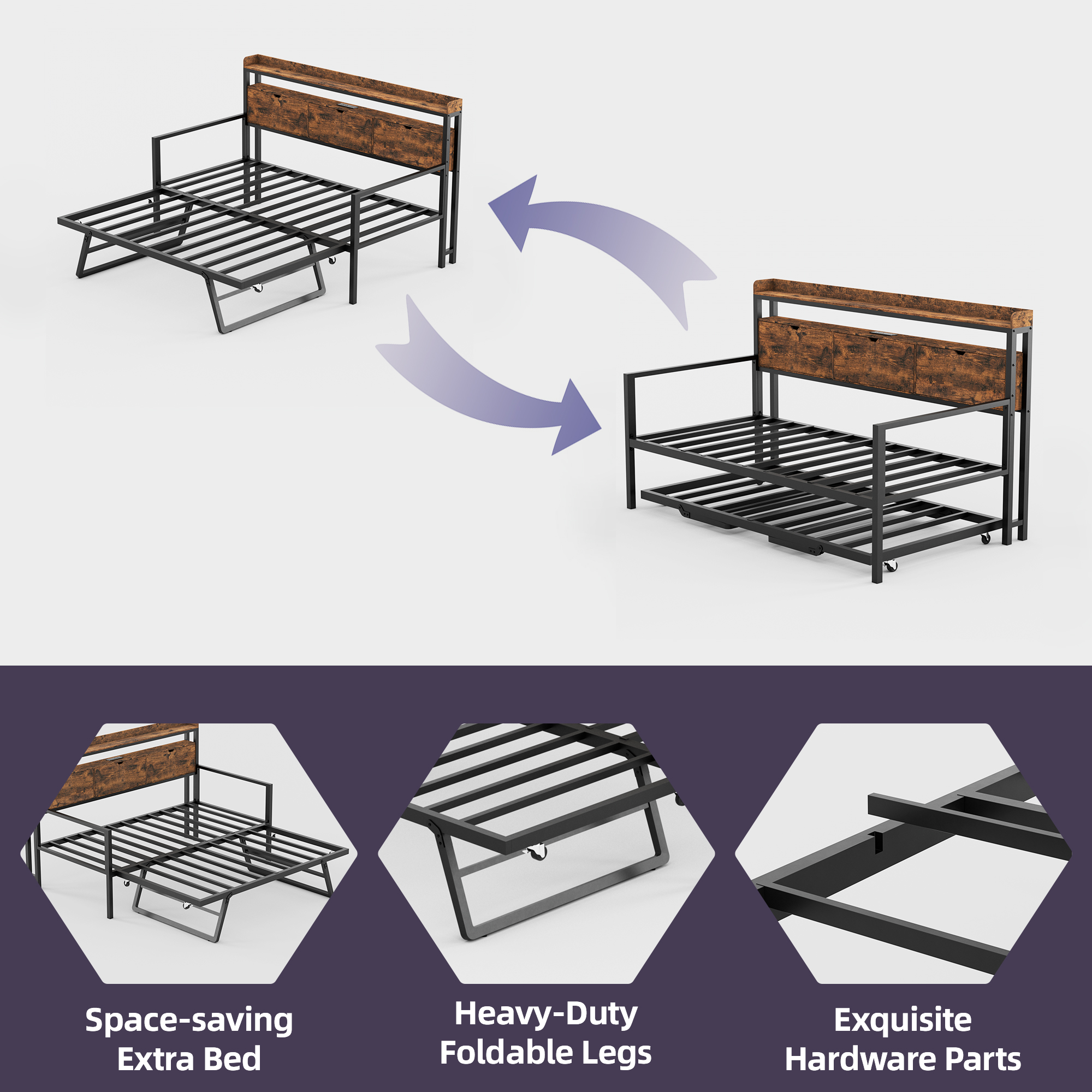 Joywind Twin Daybed with Trundle, Metal Bed Frame with Storage Headboard, Charging Station & Pop-Up Trundle , Rustic Brown