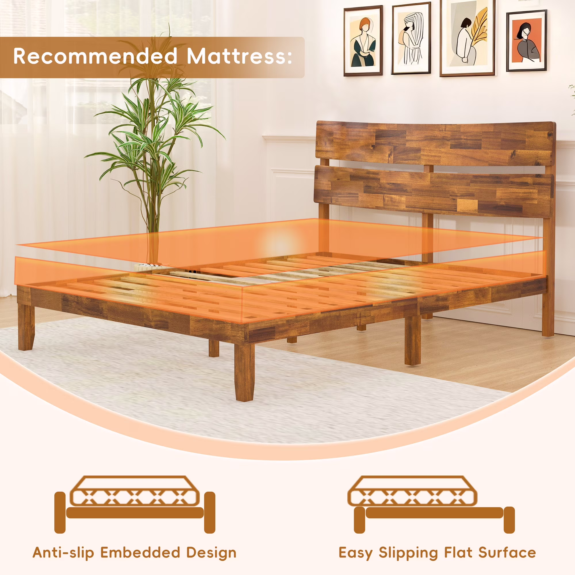 Joywind Wood Queen Bed Frame with Headboard, Wooden Platform Bed Frame Queen Size
