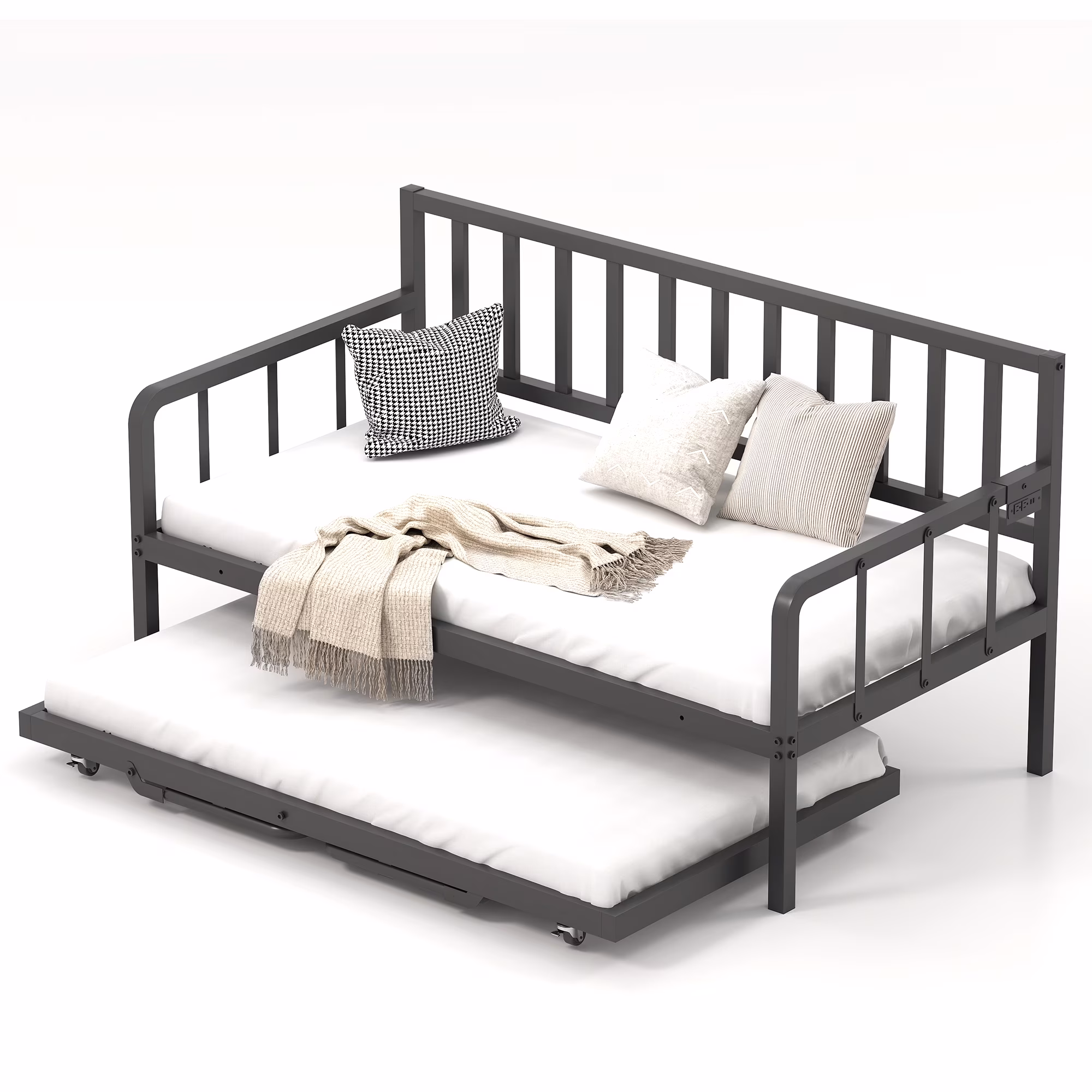 Joywind Twin Daybed with Trundle, Metal Bed Frame with LED Lights, Charging Station & Pop-Up Trundle for Living Room, Bedroom or Guest Room, Black