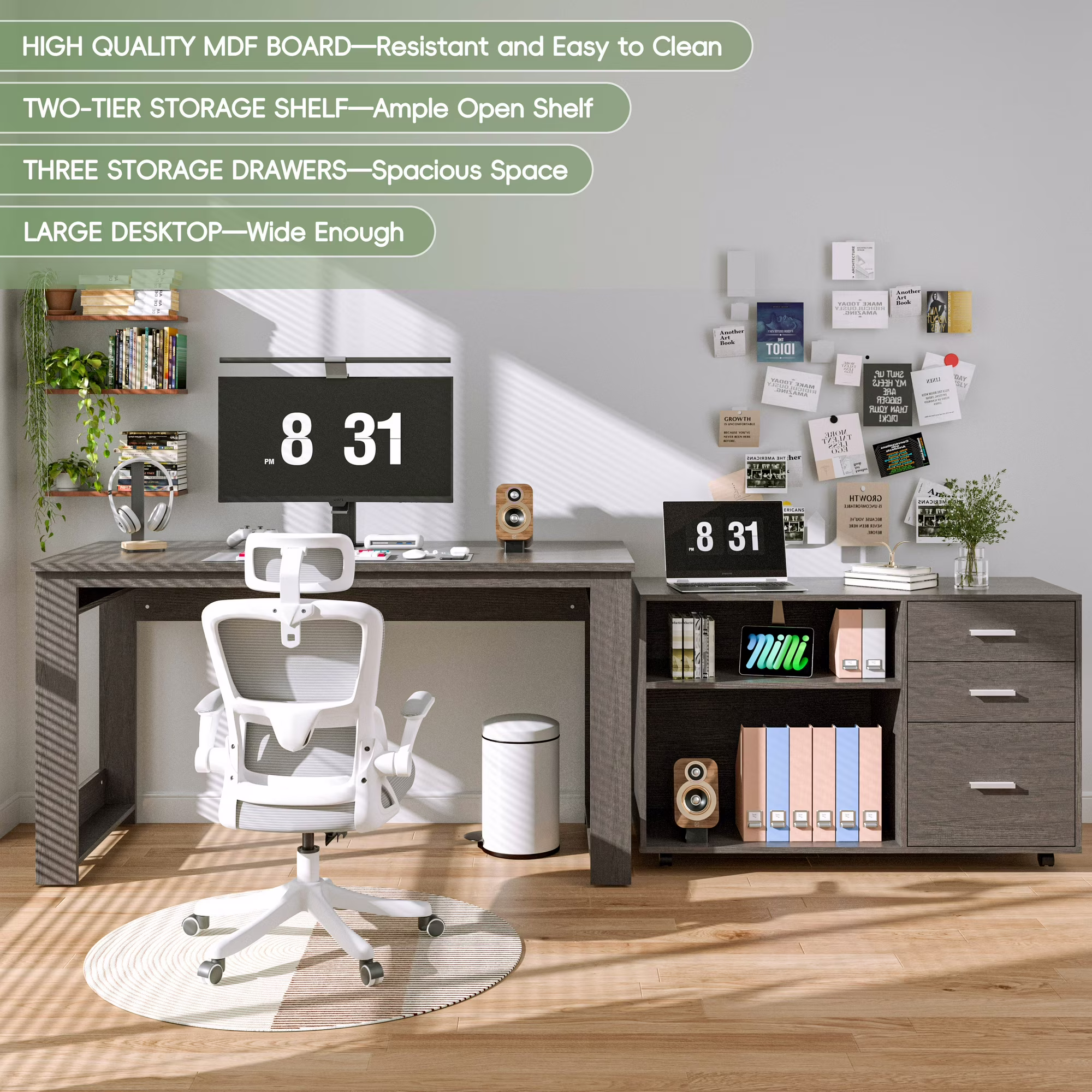 Joywind 55" L Shaped Corner Office Desk with File Cabinet & Wheels – 3 Drawers, 2 Shelves, Home Office Computer Desk with Storage, Gray