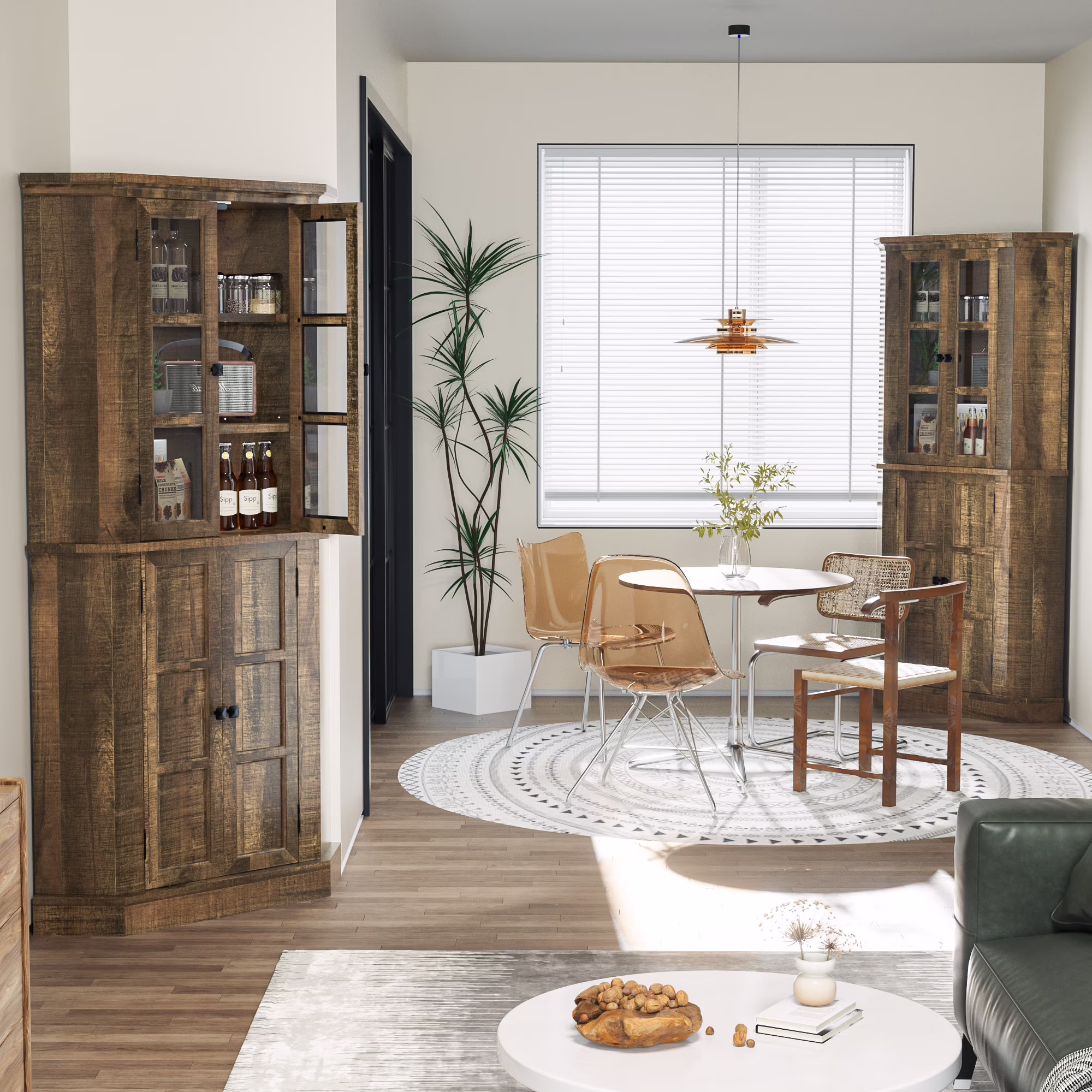 Joywind 67" Farmhouse Corner Cabinet with Doors, Tall Storage Cabinet with Adjustable Shelves for Kitchen, Dining & Living Room, Rustic Brown