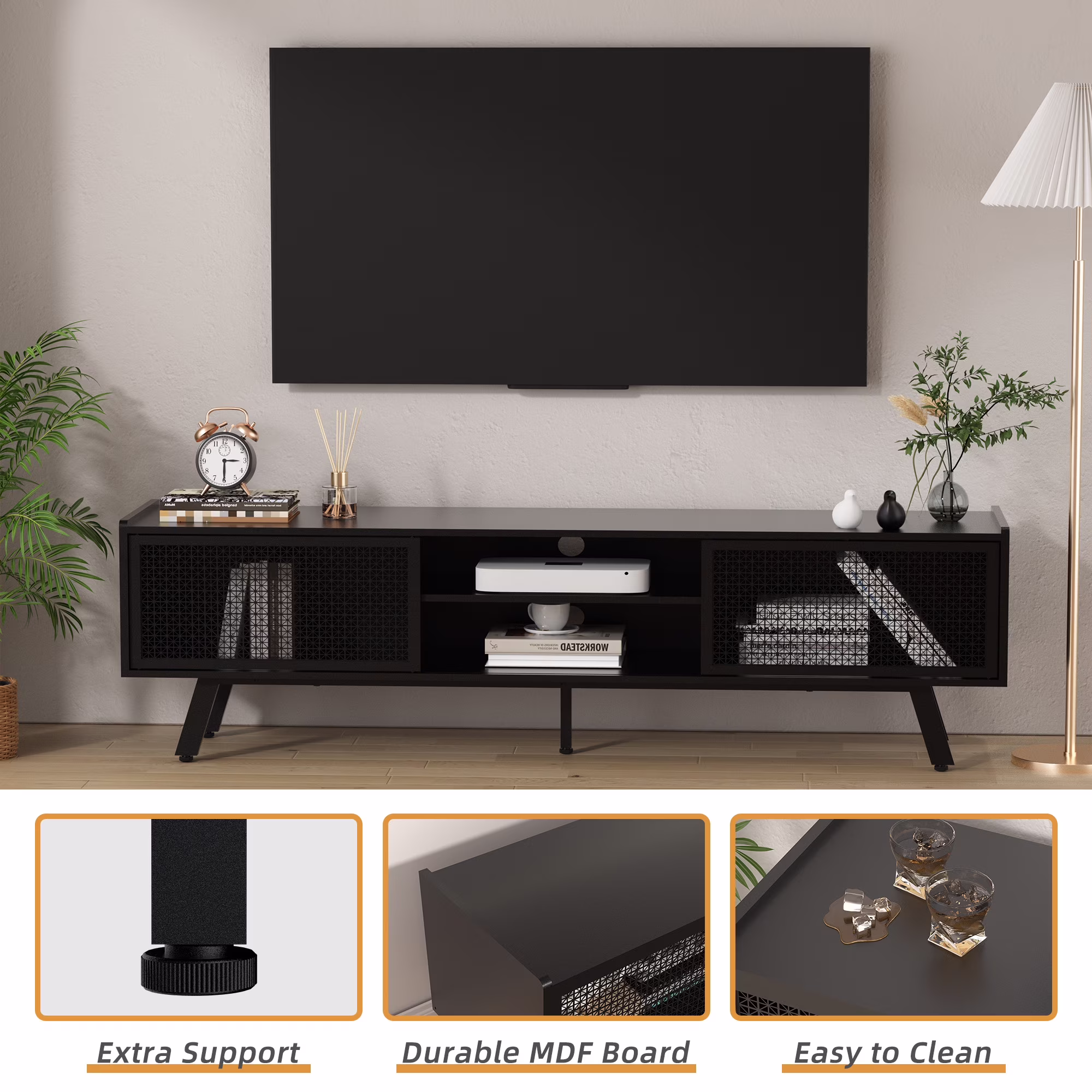 Joywind Modern TV Stand for TVs up to 70", Black Iron Rattan Entertainment Centre with Sliding Door, TV Console Table with Storage and Adjustable Shelves for Living Room, Bedroom