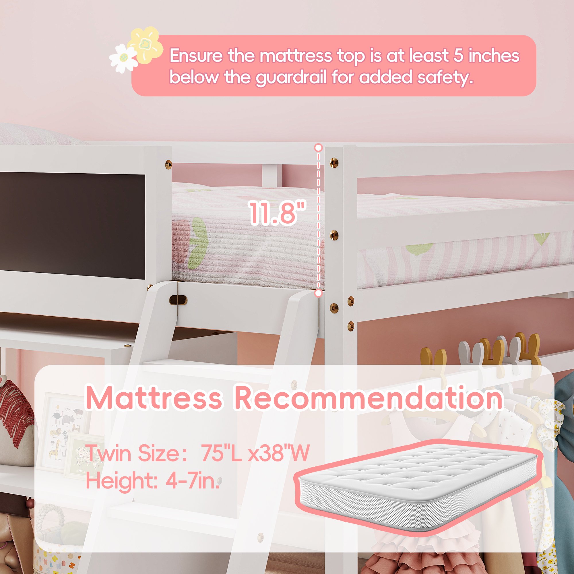 Joywind Twin Low Loft Bed with Storage & Desk for Kids Teens, Solid Wood Bed Frame