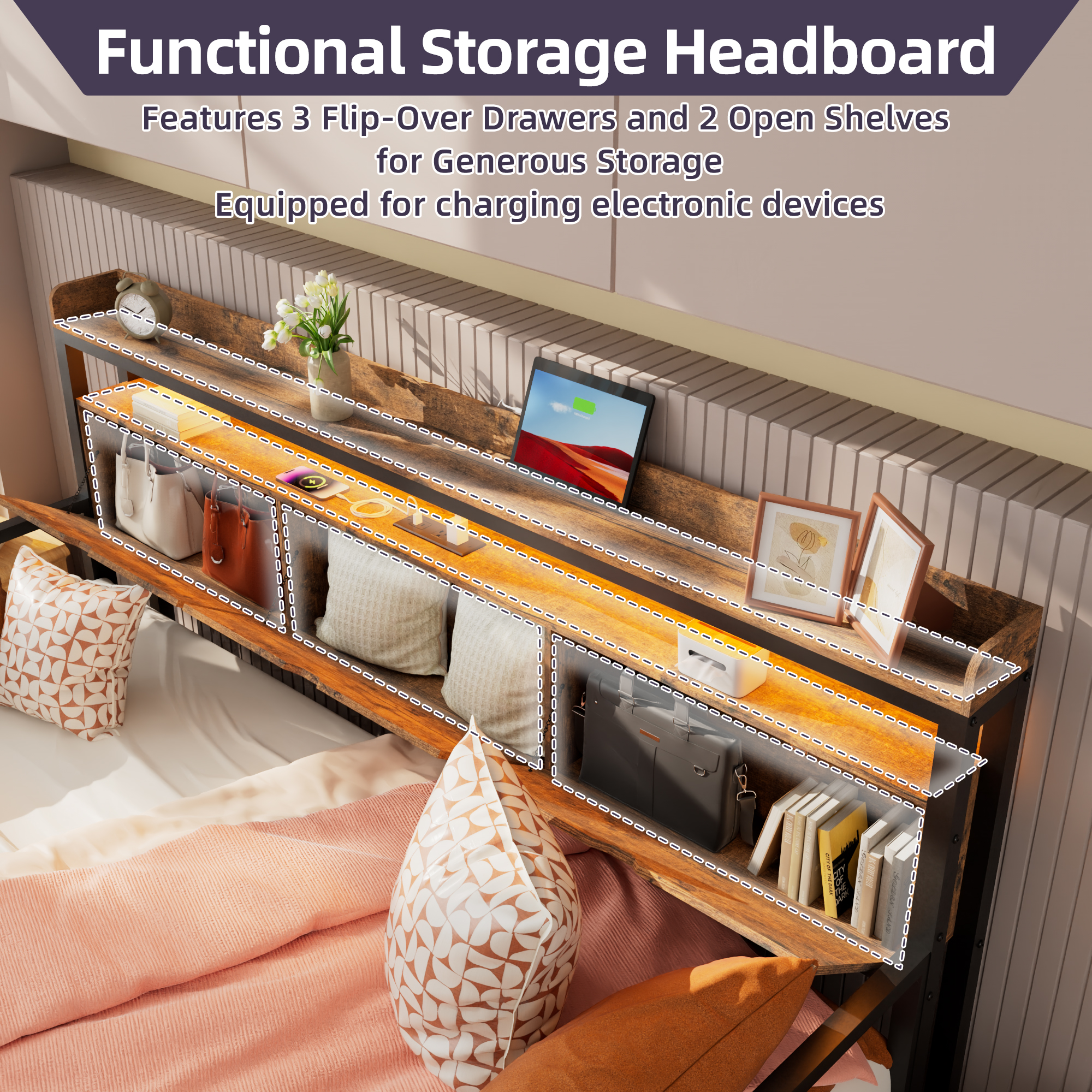 Joywind Twin Daybed with Trundle, Metal Bed Frame with Storage Headboard, Charging Station & Pop-Up Trundle , Rustic Brown
