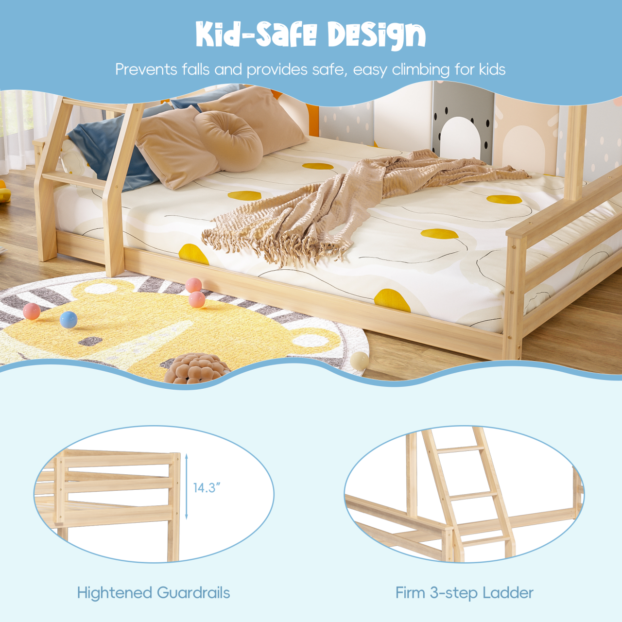 Joywind Solid Wood Twin Over Full Bunk Bed with Ladder & Full Guardrails for Boys, Girls, Kids, Bedroom
