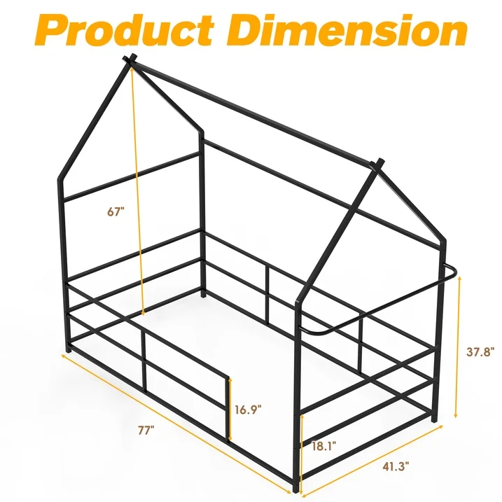 Joywind Metal Twin Floor House Bed with Headboard, Footboard & Guardrails - Montessori Style Bed Frame with Hanging Bar for Boys, Girls