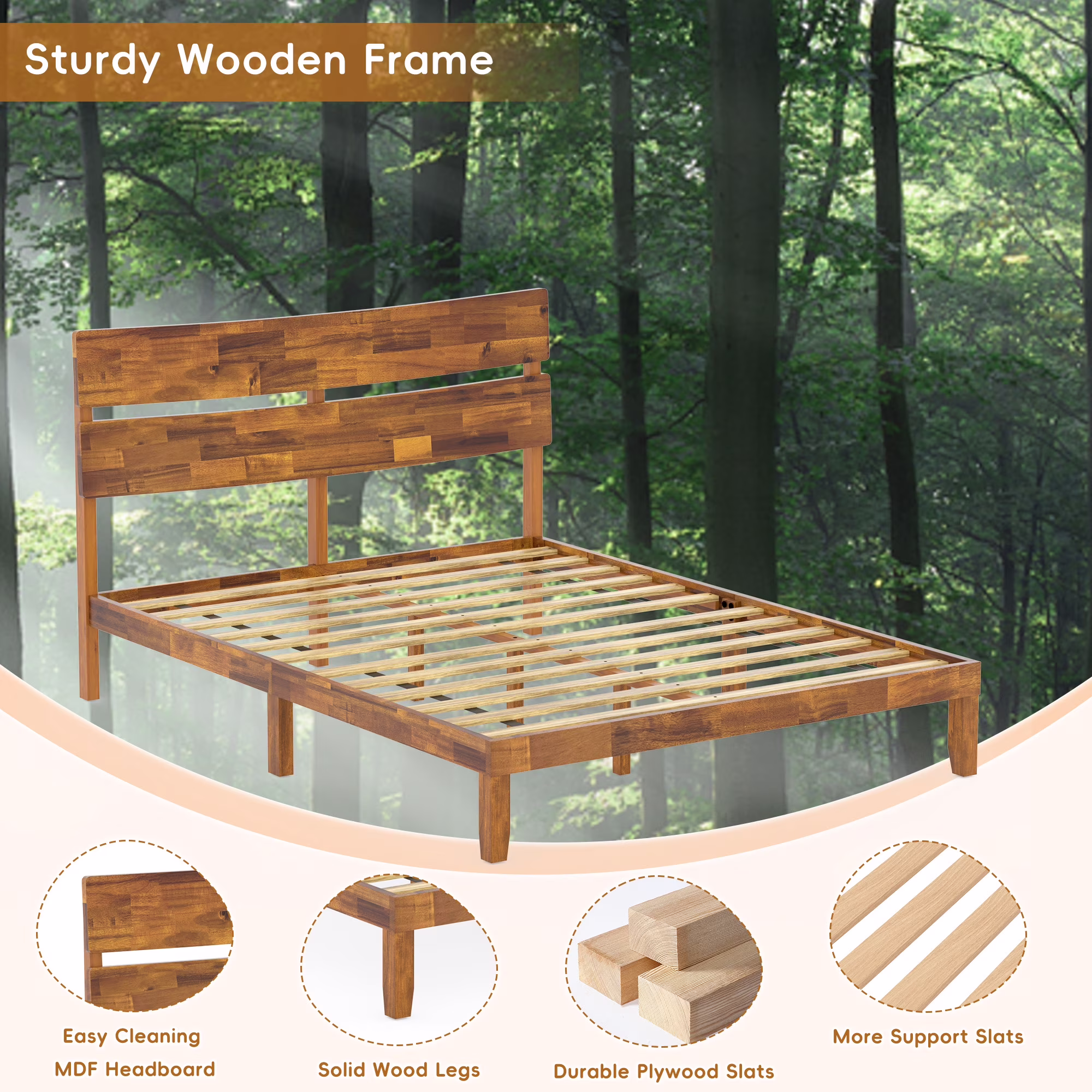 Joywind Wood Queen Bed Frame with Headboard, Wooden Platform Bed Frame Queen Size