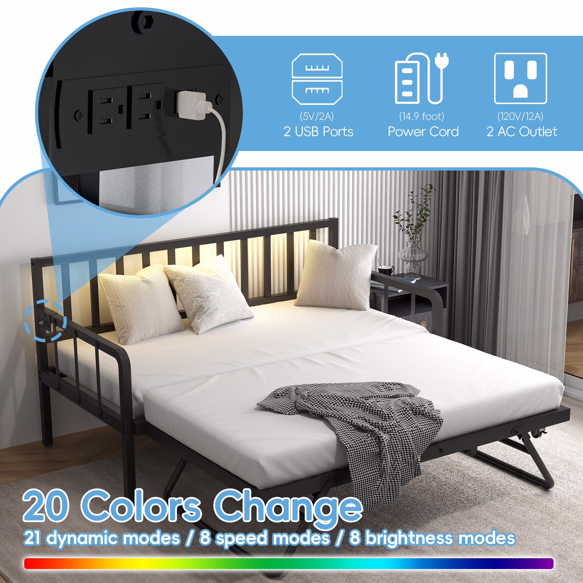 Joywind Twin Daybed with Trundle, Metal Bed Frame with LED Lights, Charging Station & Pop-Up Trundle for Living Room, Bedroom or Guest Room, Black