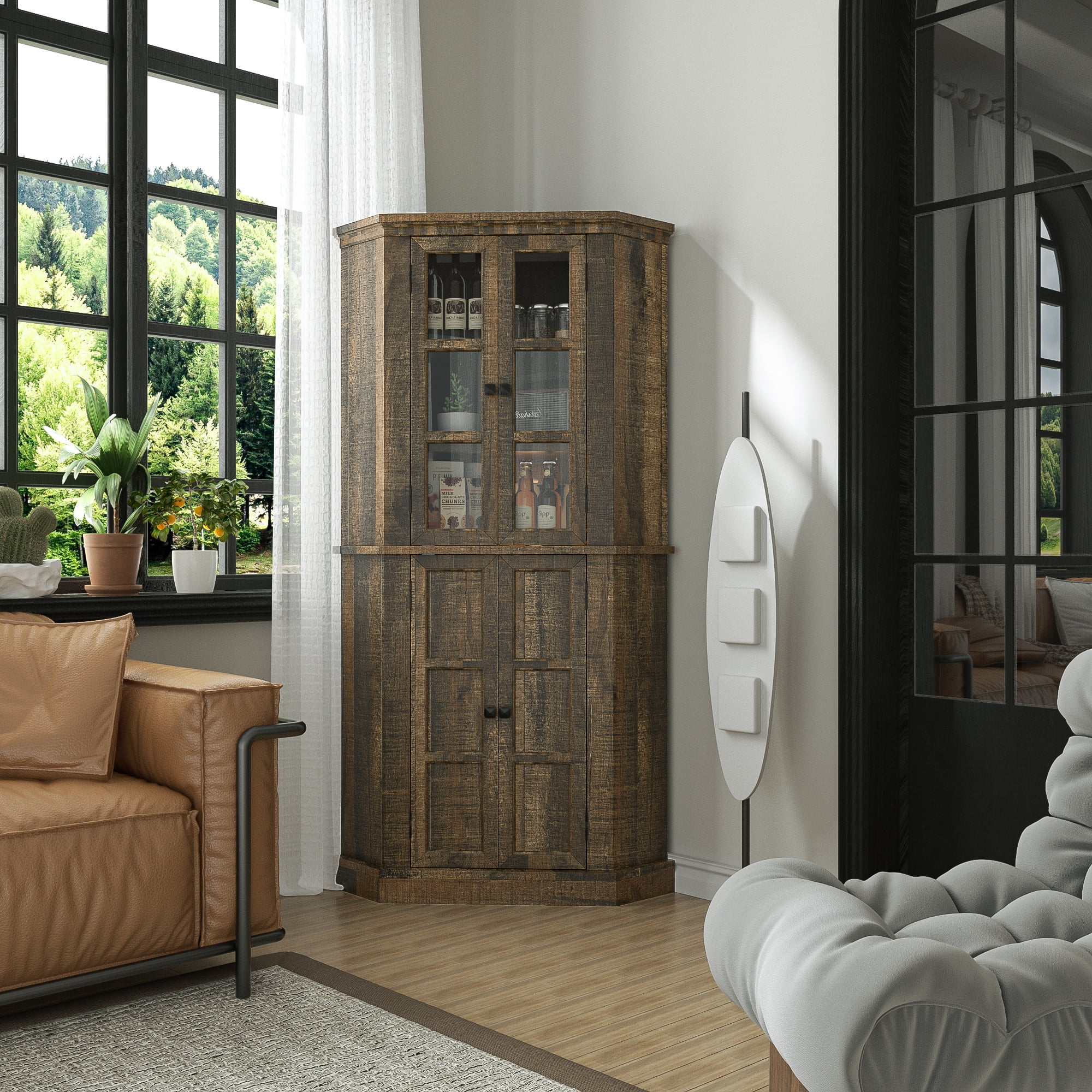 Joywind 67" Farmhouse Corner Cabinet with Doors, Tall Storage Cabinet with Adjustable Shelves for Kitchen, Dining & Living Room, Rustic Brown