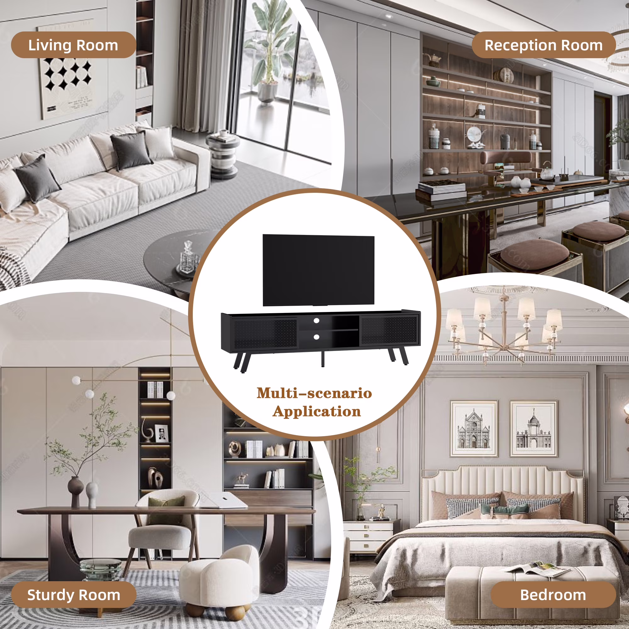 Joywind Modern TV Stand for TVs up to 70", Black Iron Rattan Entertainment Centre with Sliding Door, TV Console Table with Storage and Adjustable Shelves for Living Room, Bedroom